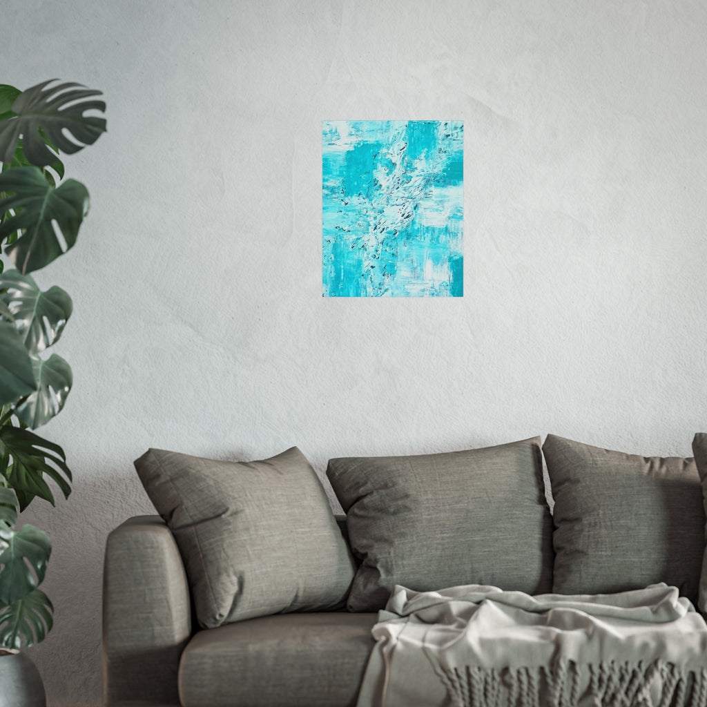 Turquoise abstract ocean art poster with layered textured brushstrokes, square.