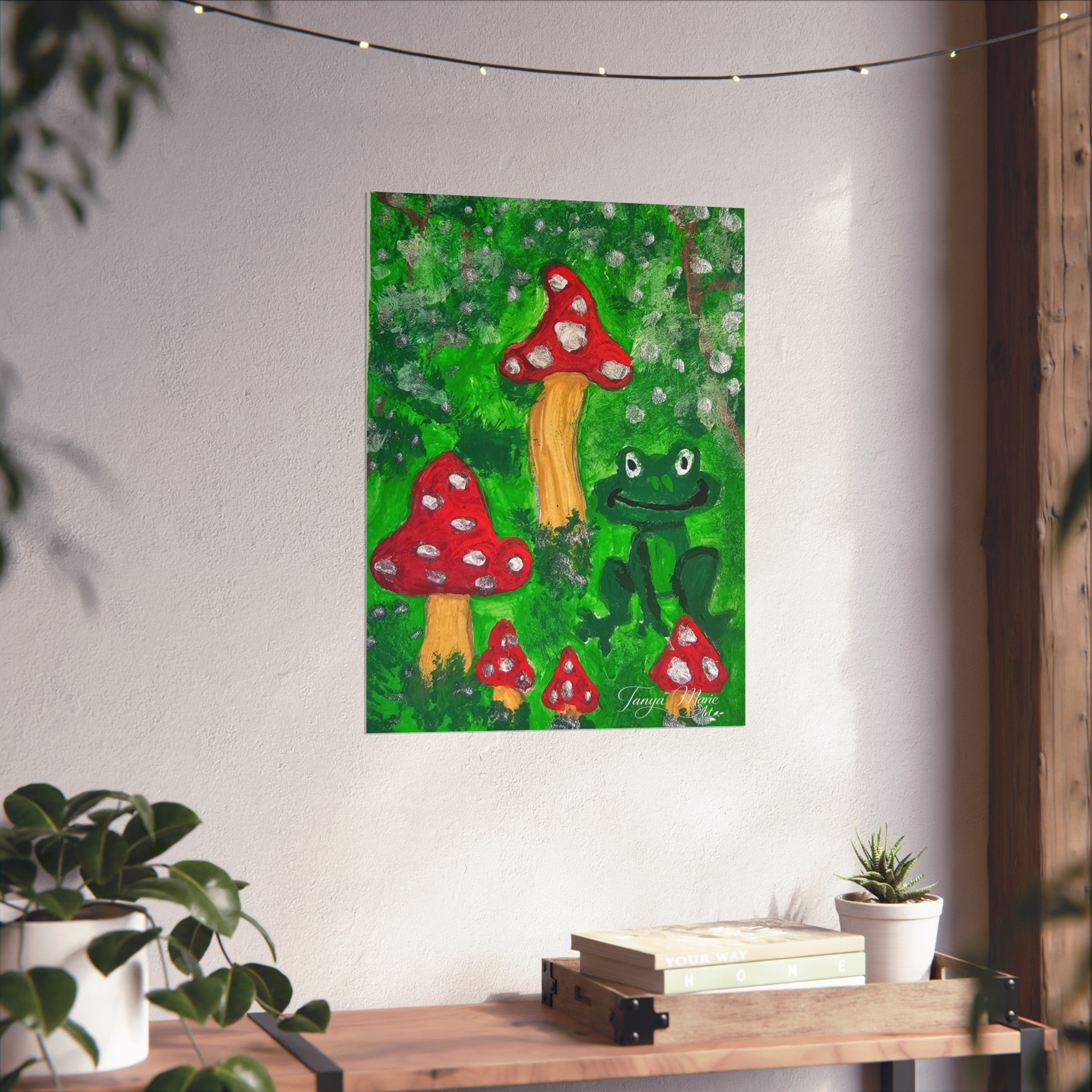 Whimsical mushroom poster featuring red toadstools, a green frog, and white speckles