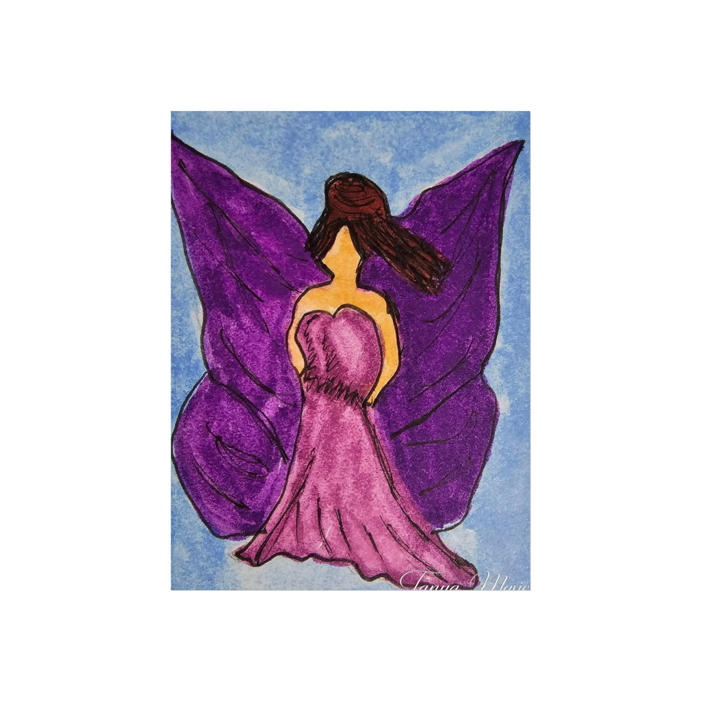 Purple wings angel wall art print close view of wings and pink dress, heart centered
