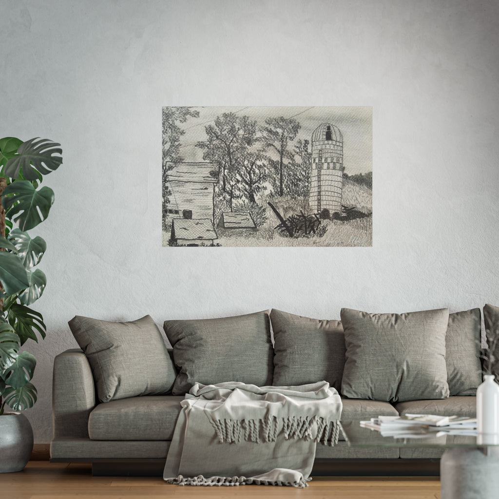 Rural Silo Pencil Sketch Poster — Fine Art Farm Landscape Print