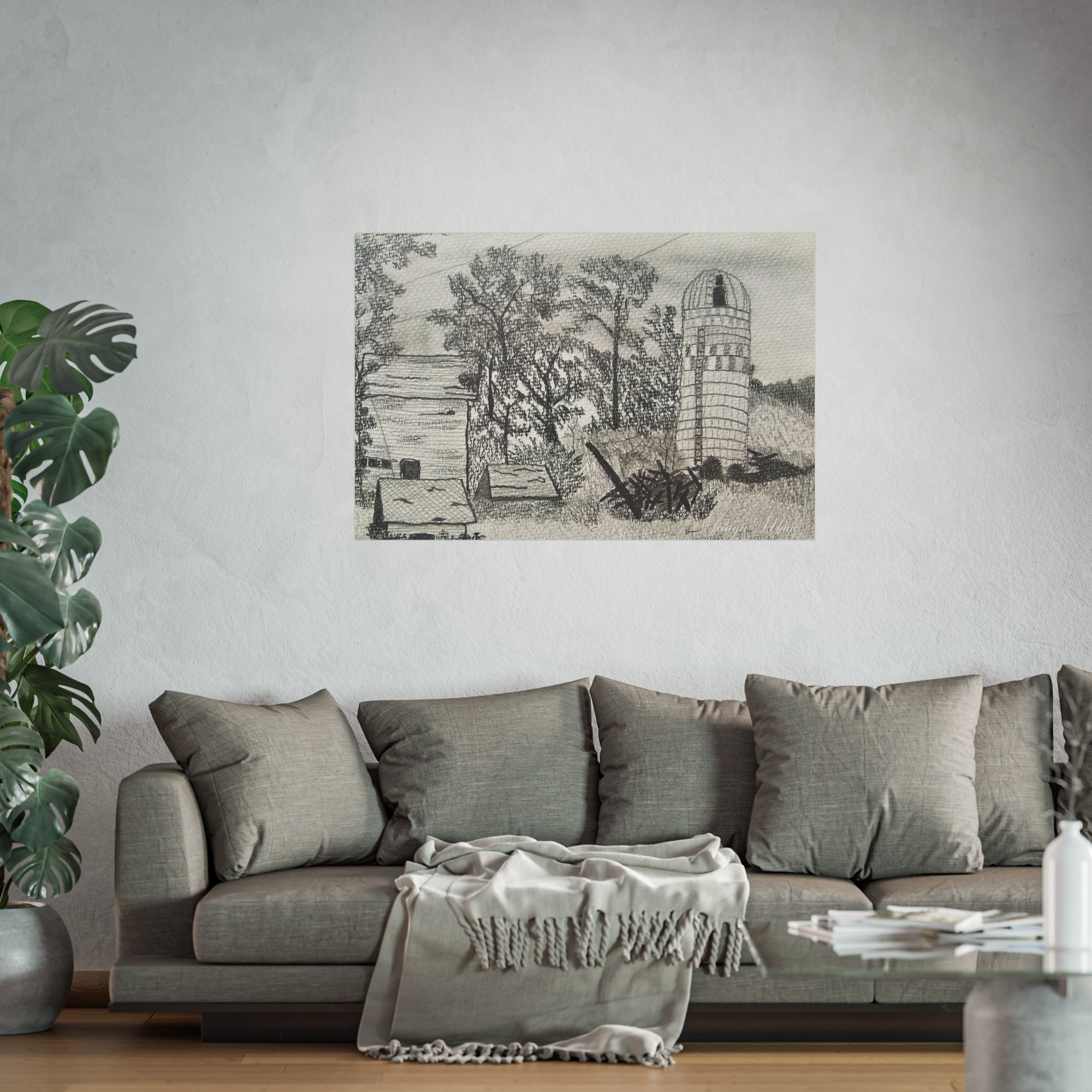 Rural Silo Pencil Sketch Poster — Fine Art Farm Landscape Print