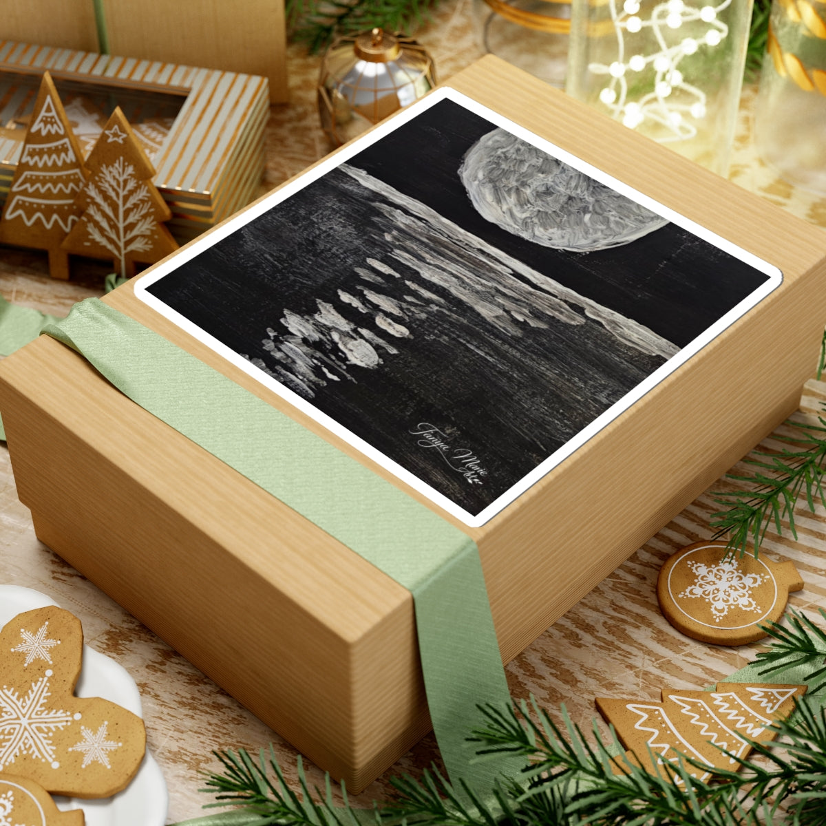 Moonlight Reflection Kiss-Cut Sticker — Black & White Moon Ocean Art Sticker