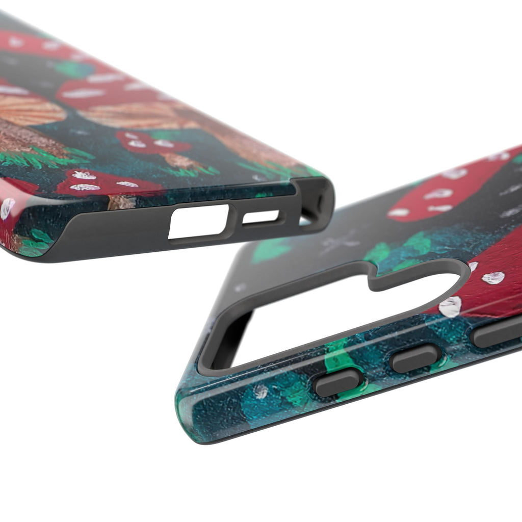 Tough phone case angled side view with bumper detail, button openings, and mushroom pattern.