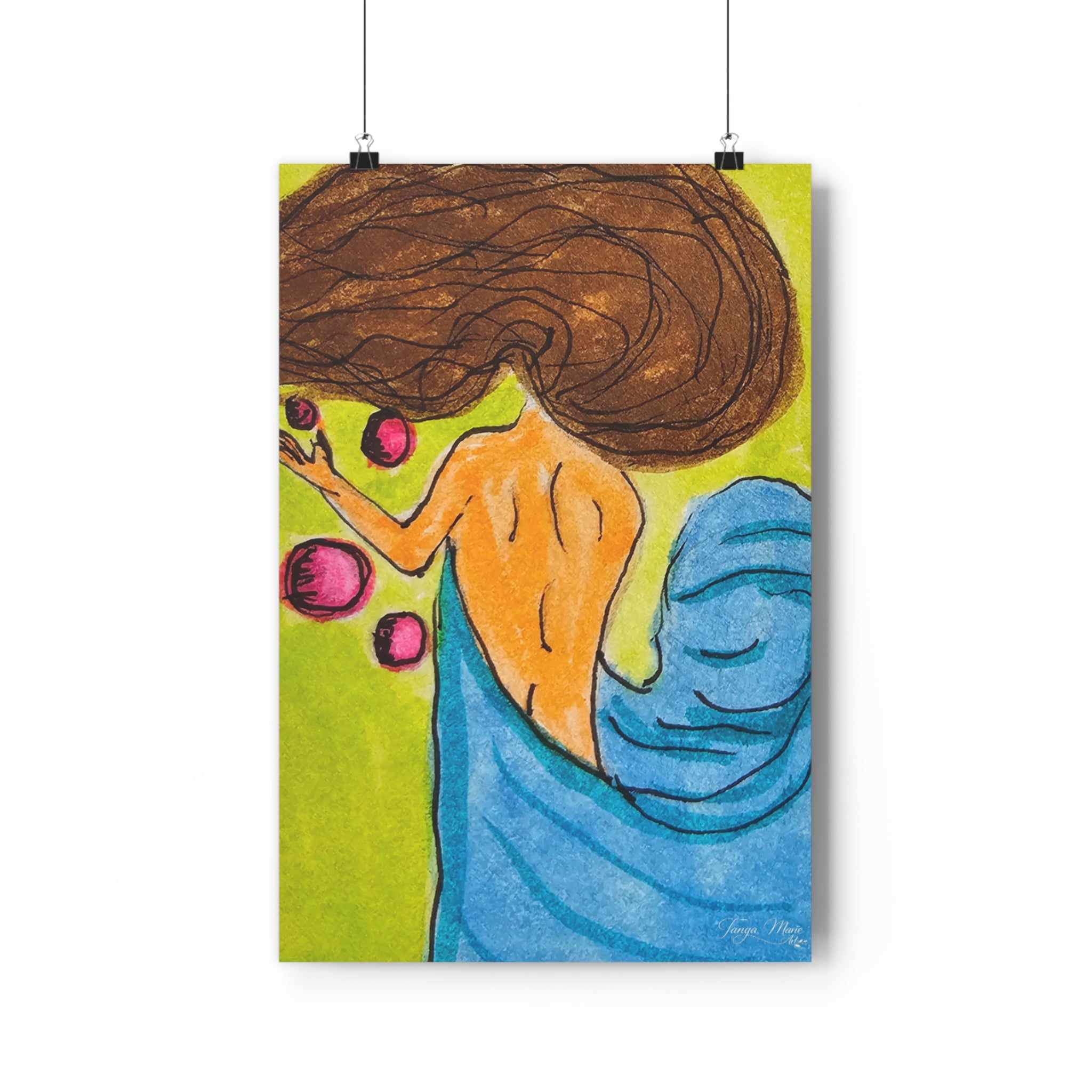 Giclée art print of woman with flowing brown hair, orange back, and blue dress