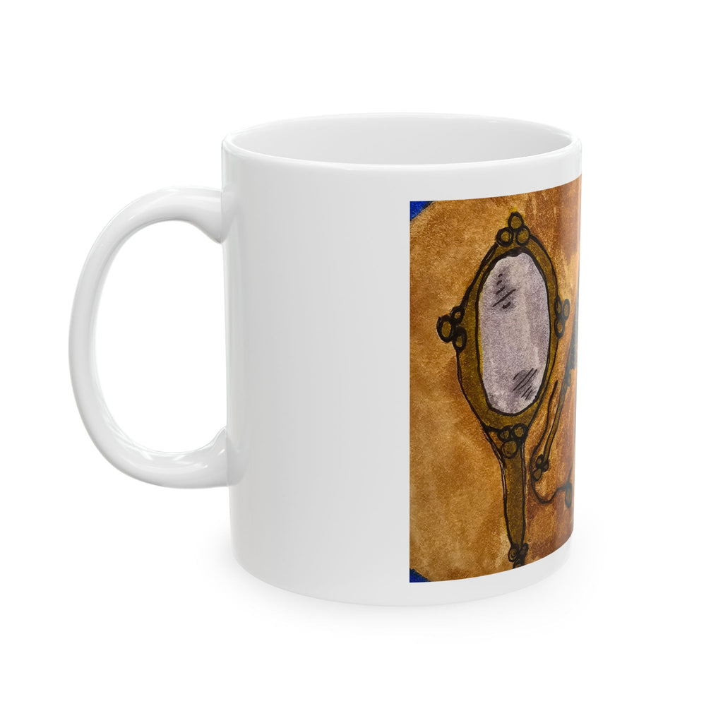 White ceramic coffee mug with vanity mirror illustration panel on front