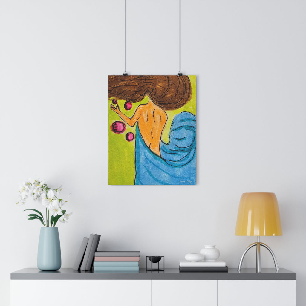 Giclée art print of a witchy woman with flowing hair and a blue dress