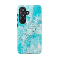 Turquoise abstract marble tough phone case with dual-lens camera cutout and side ports.