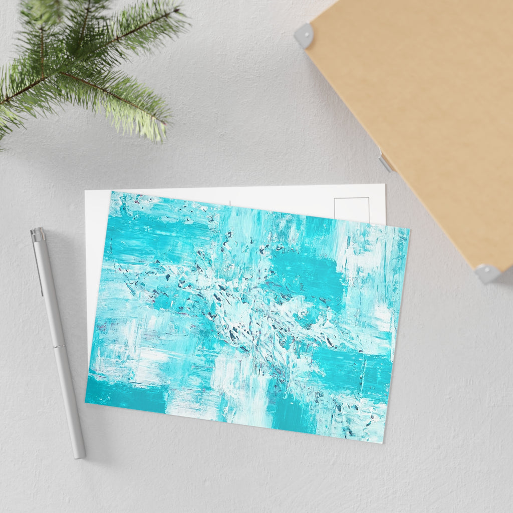 Turquoise abstract note card lying on a surface, shown with blank corner box