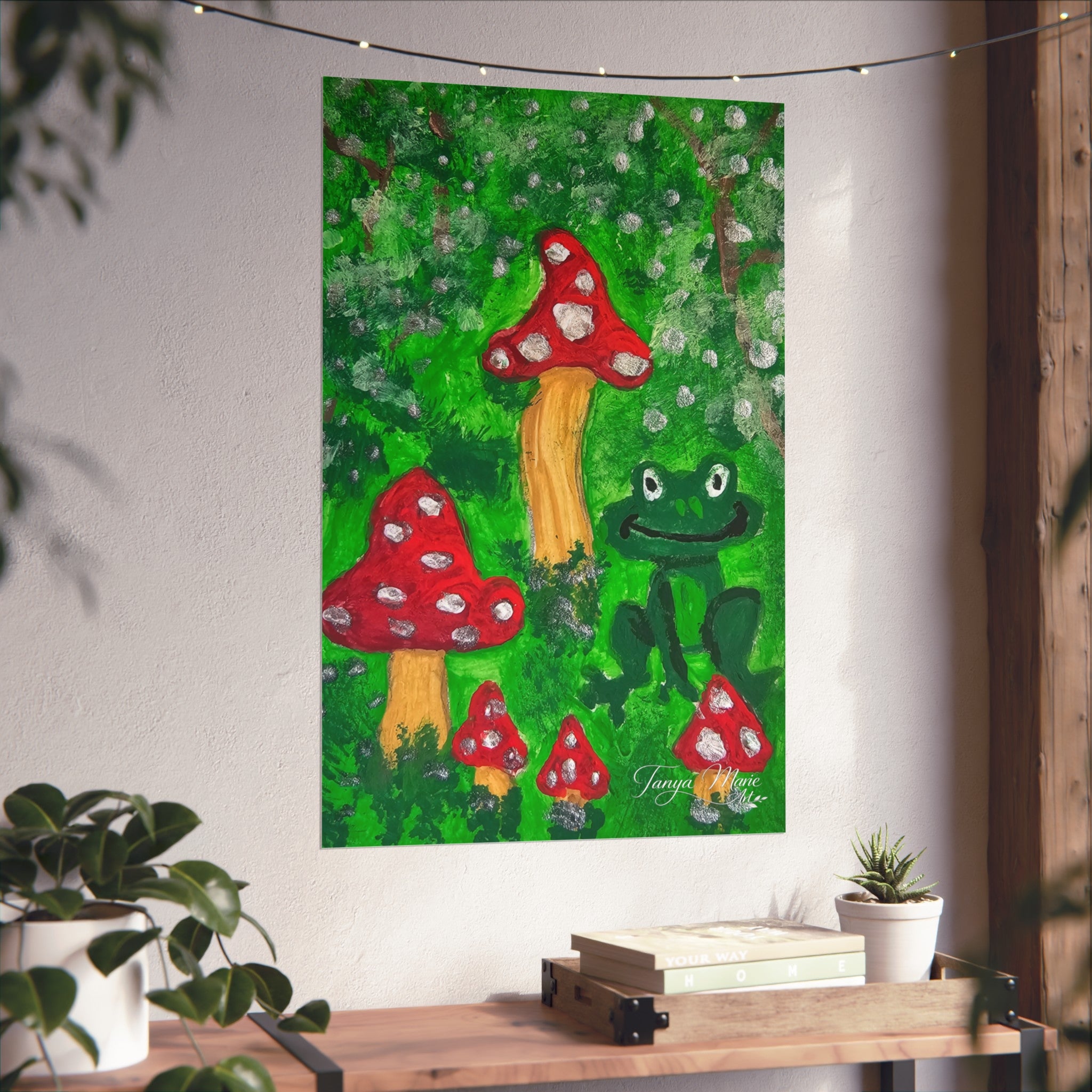 Whimsical forest mushroom wall poster with red mushrooms and a green frog illustration