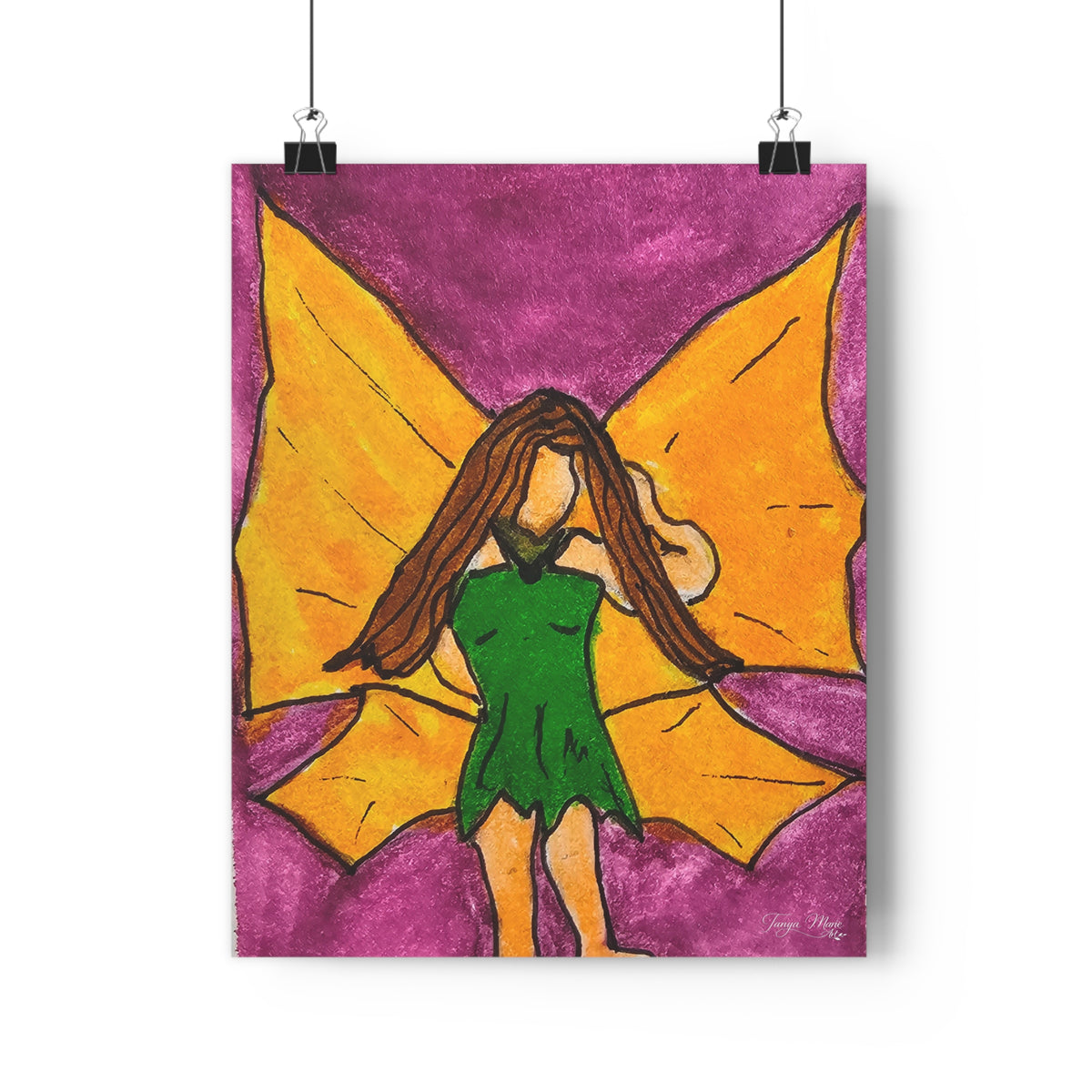 Fairy girl giclée art print with purple background and yellow wings