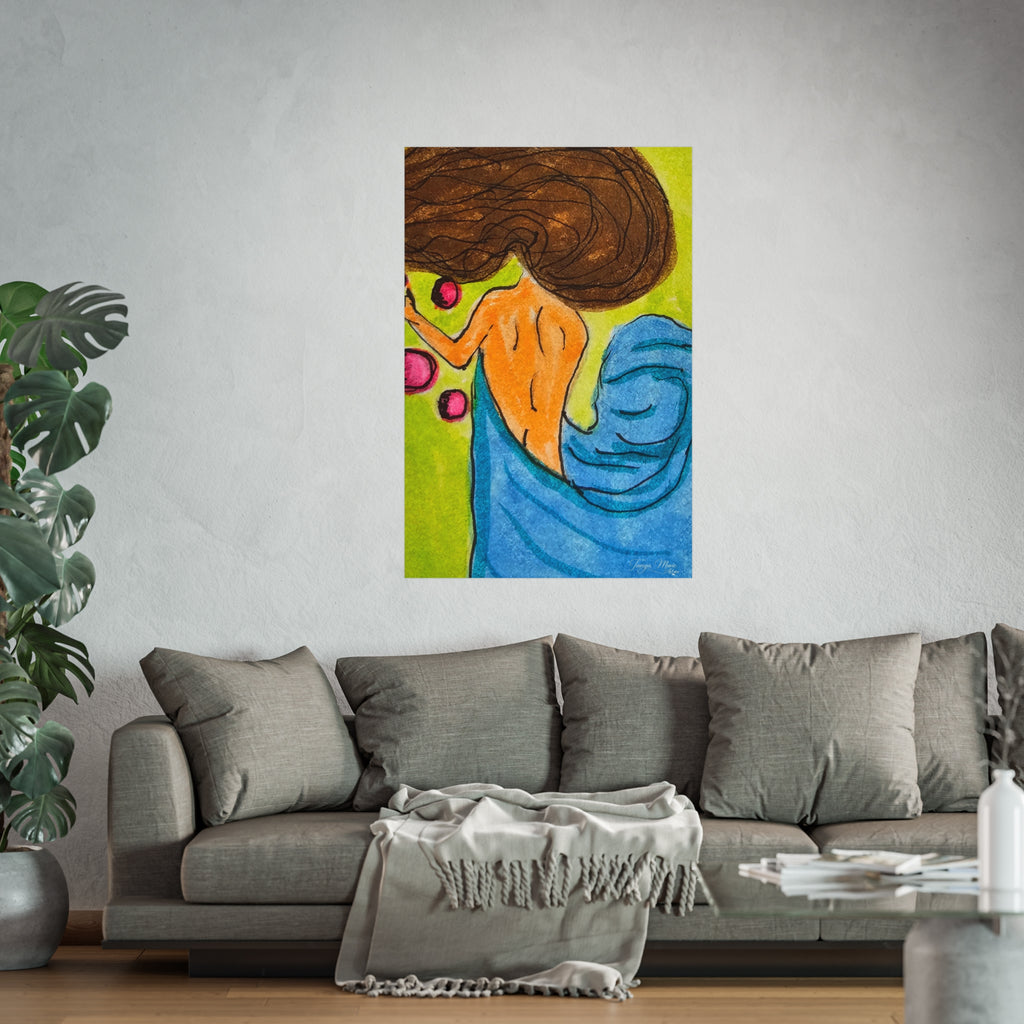 Abstract woman art poster with blue drapery, orange face, brown hair, pink orbs, matte