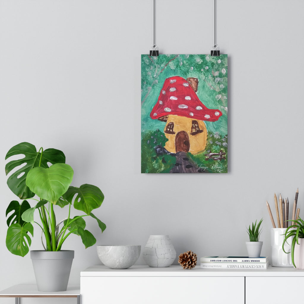 Mushroom cottage wall art print with red polka-dot mushroom house, hanging on clips