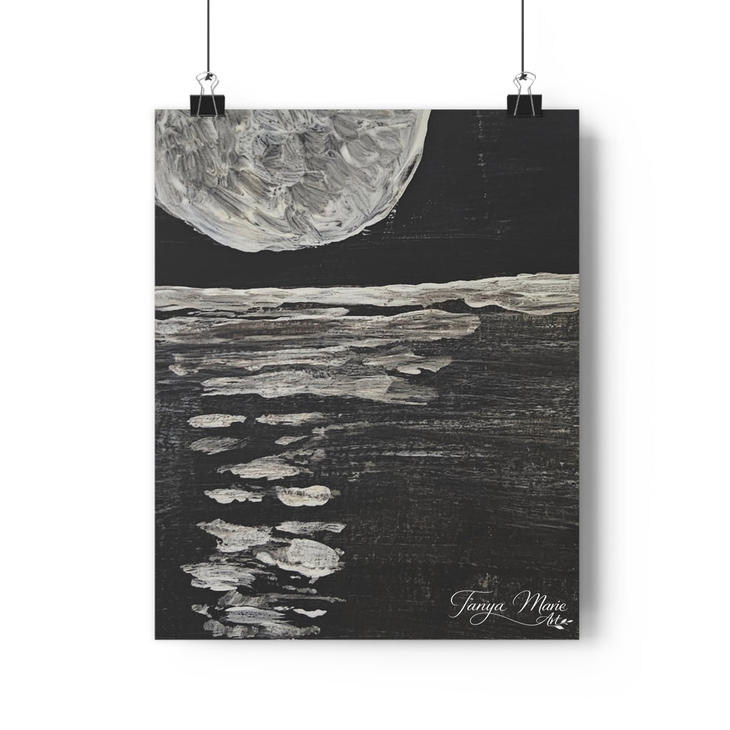 Moonlight Reflection Giclée Art Print — Monochrome Lunar Seascape