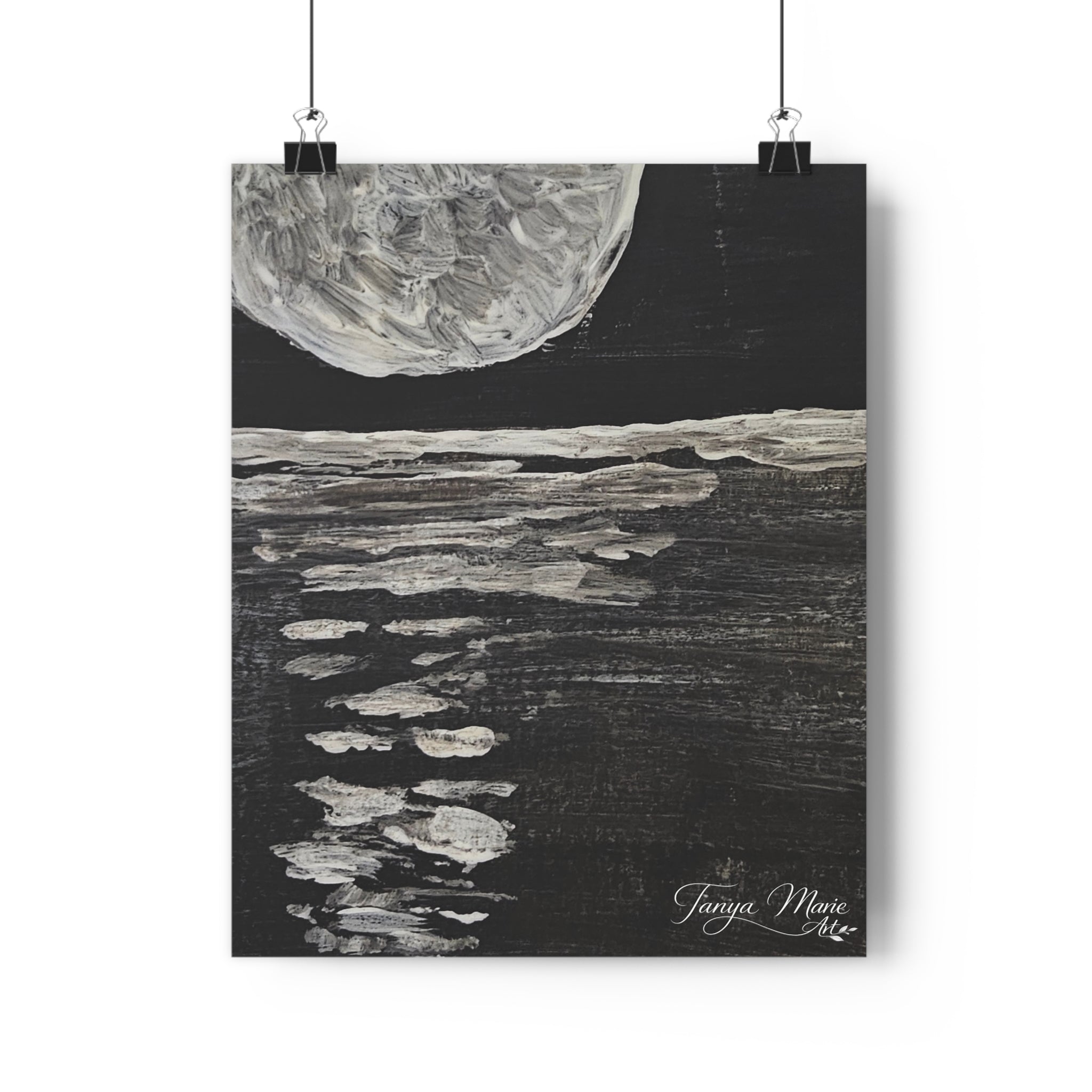 Moonlight Reflection Giclée Art Print — Monochrome Lunar Seascape