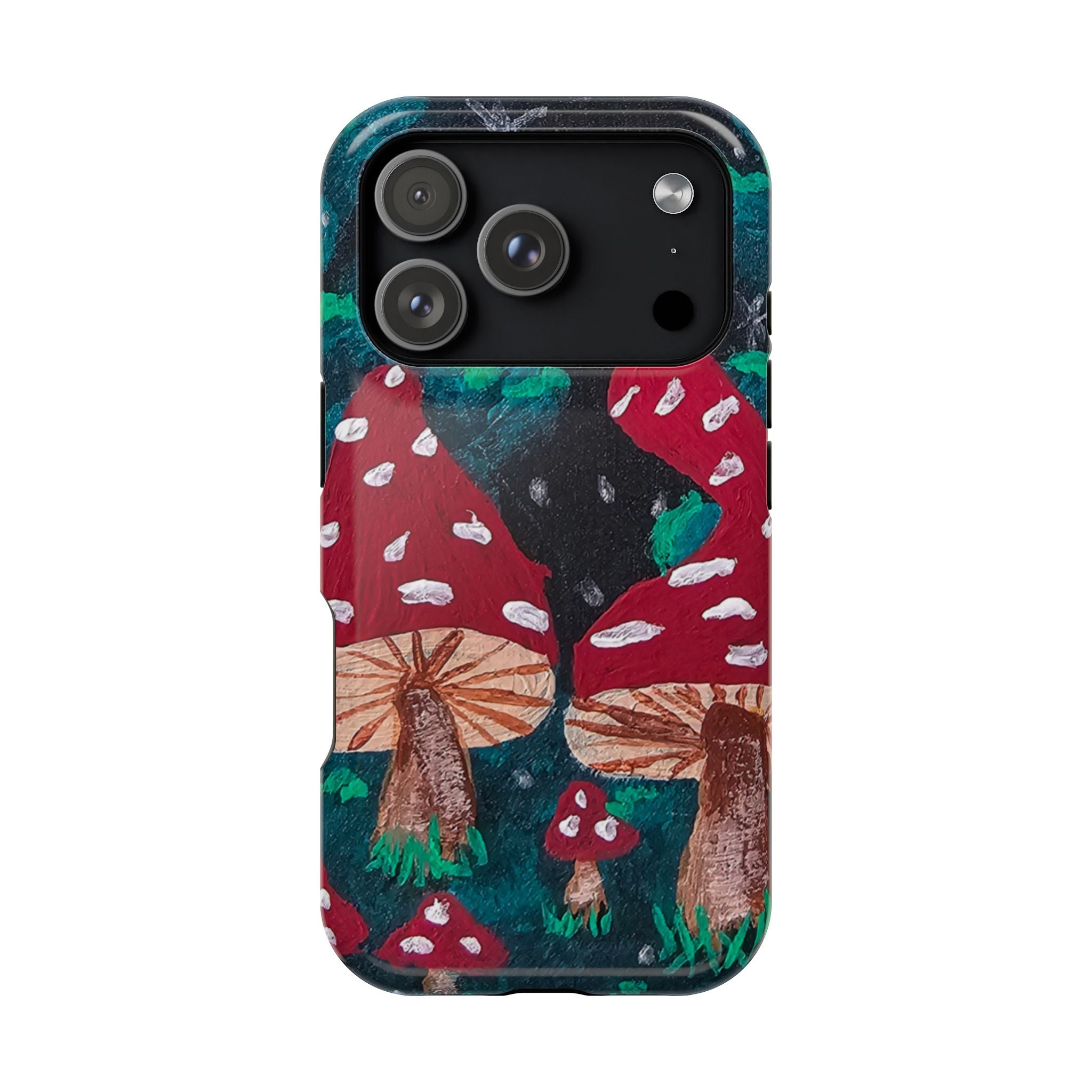 Phone case with red toadstool forest design, four-lens camera cutout on top