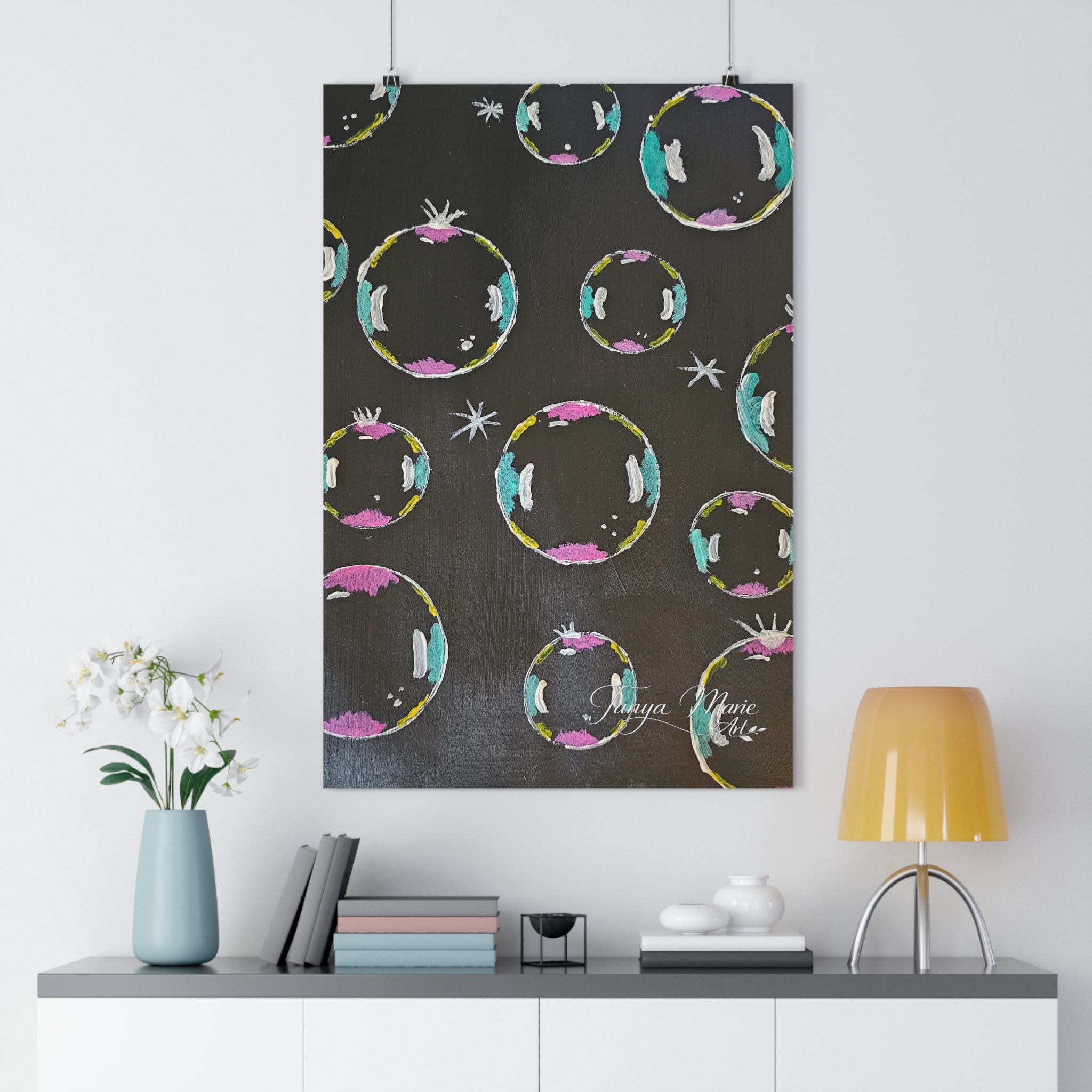 Abstract Bubble Pattern Giclée Art Print — Colorful Circles on Charcoal