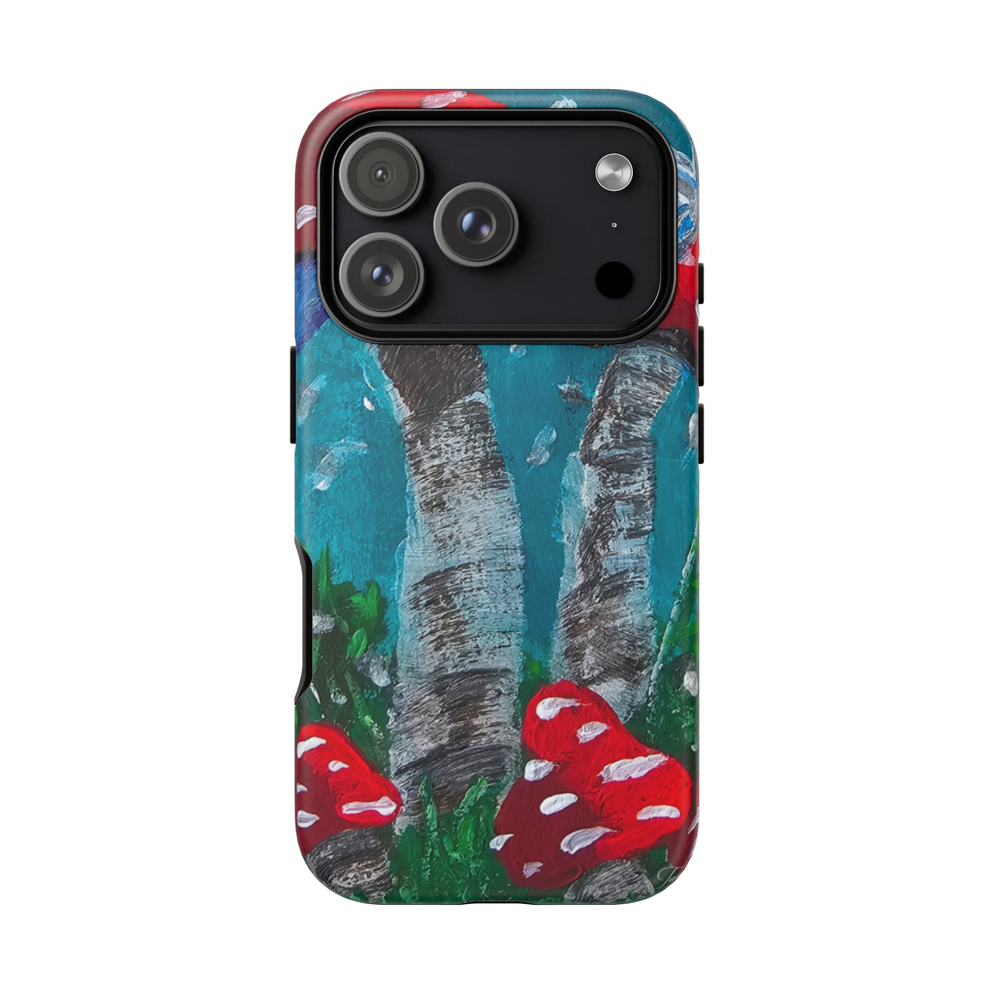 Protective phone case featuring hand-painted red toadstools on teal and gray forest scene; camera cutouts
