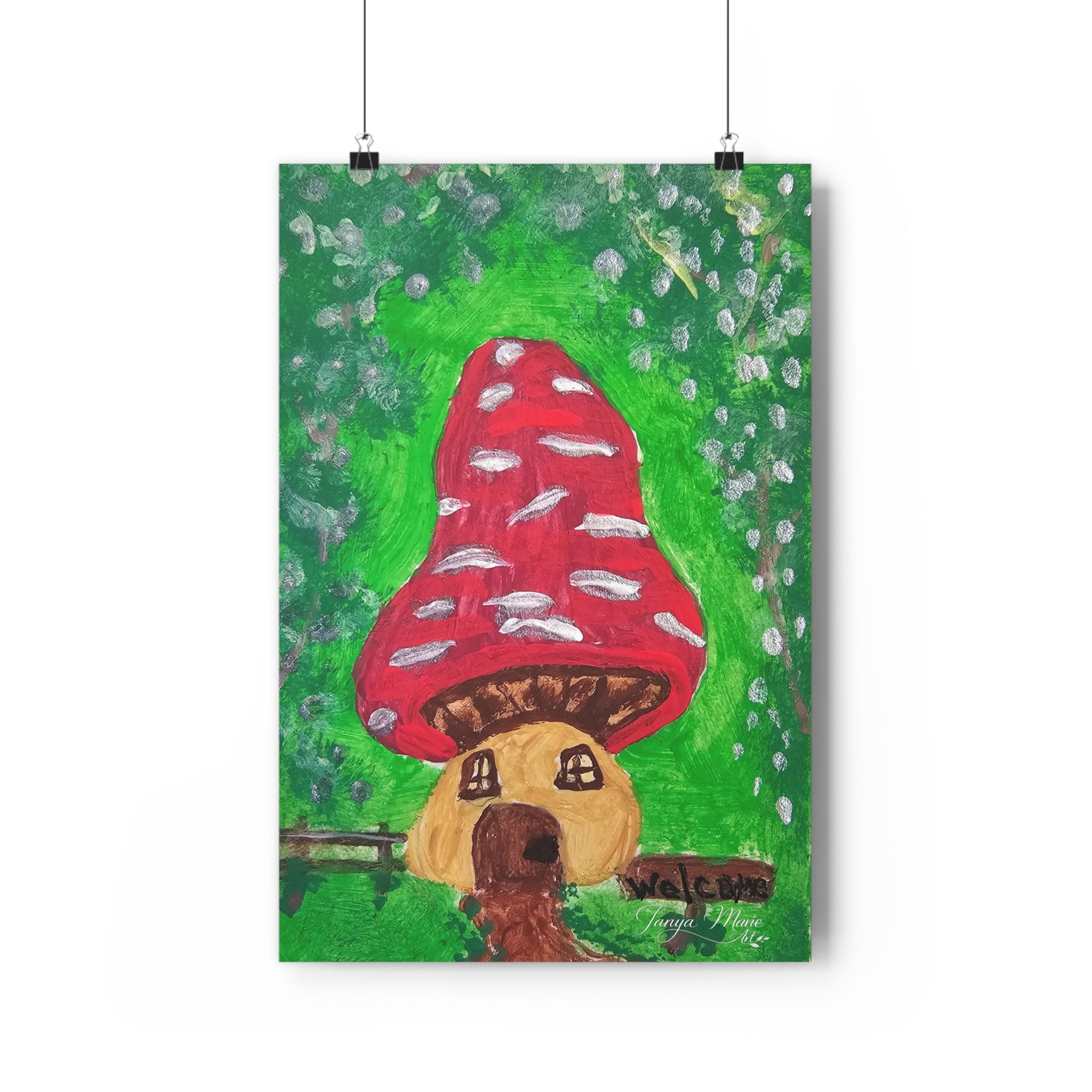 Wall art print close-up of red mushroom house cap with white spots