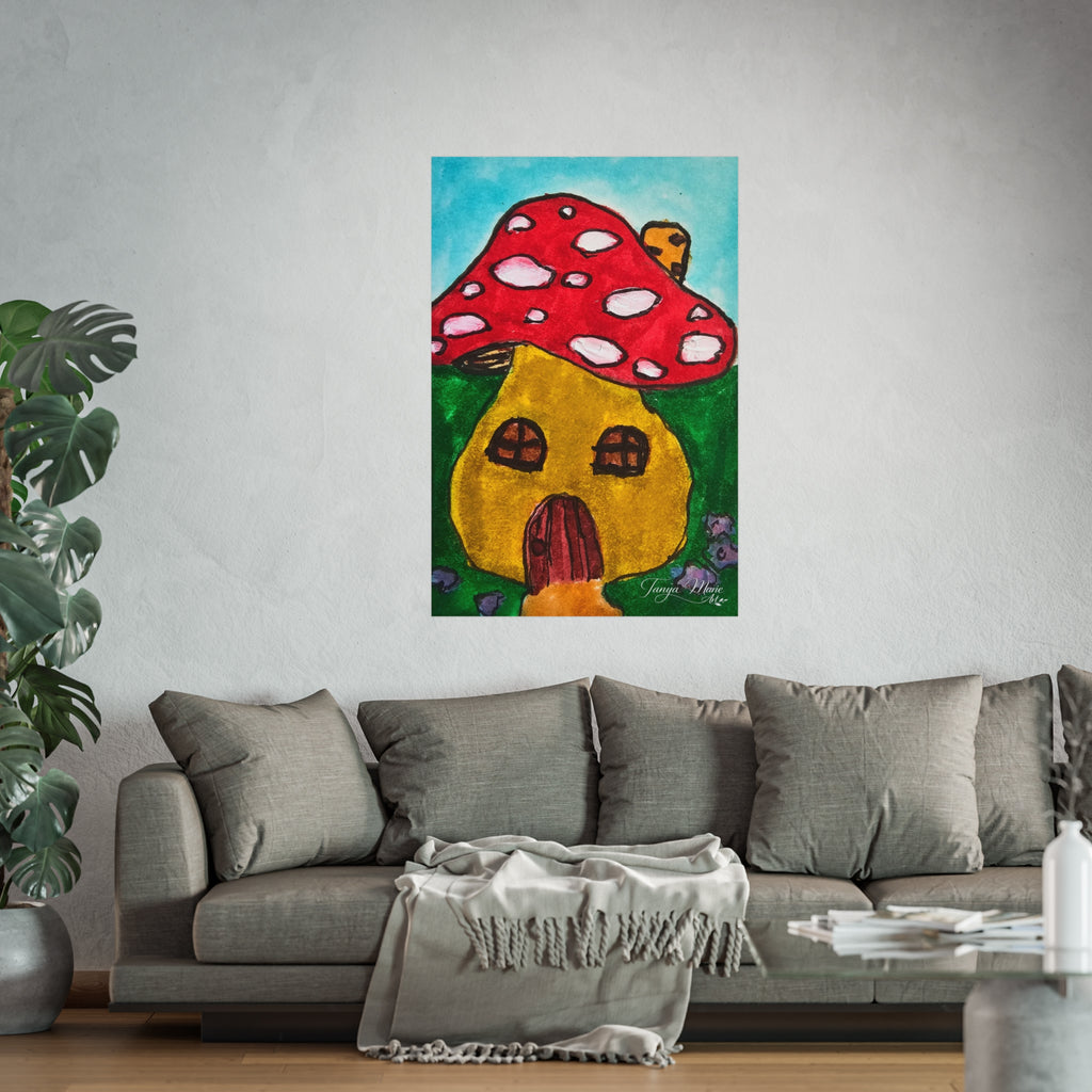 Whimsical mushroom house art poster with red cap, yellow house, and green accents