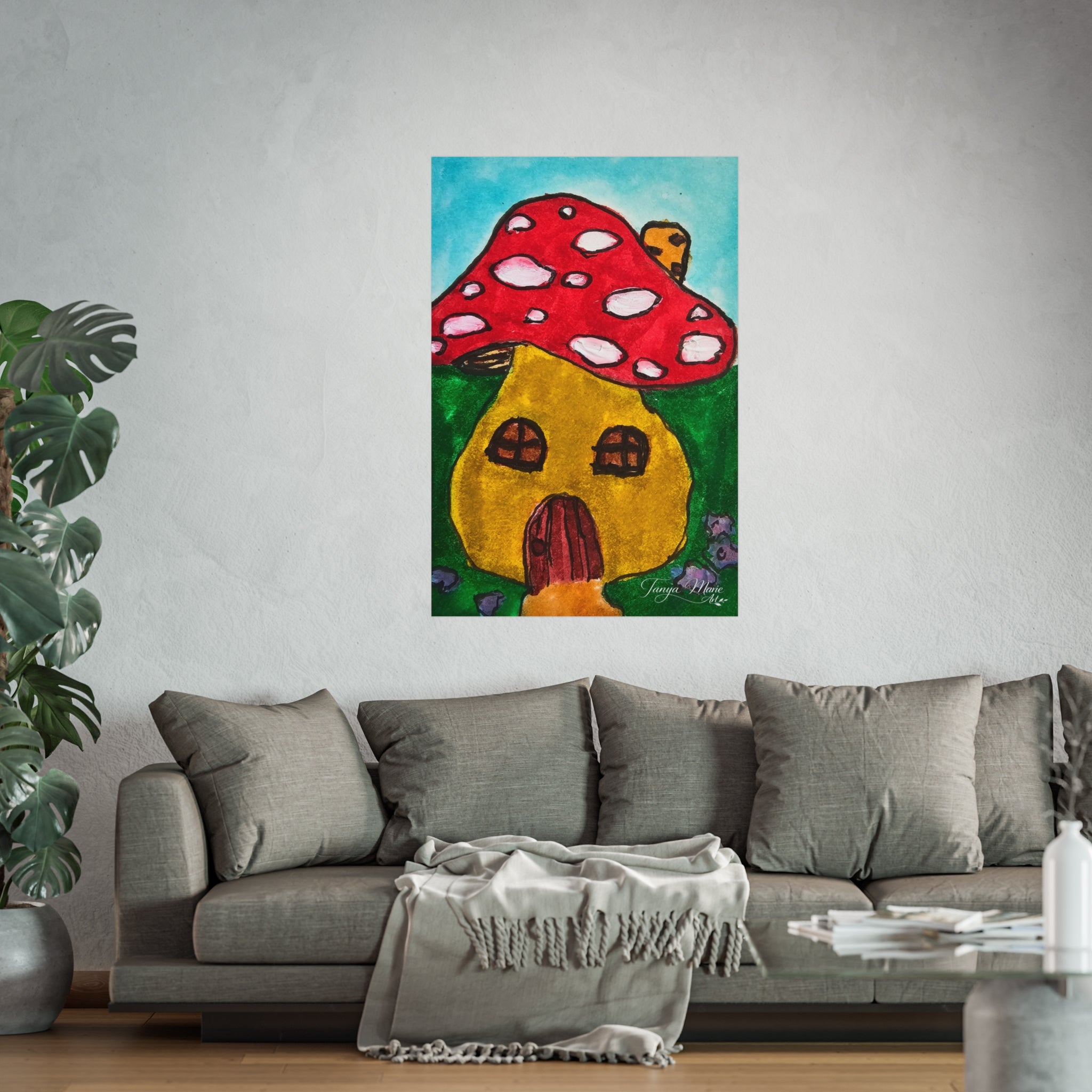 Whimsical mushroom house art poster with red cap, yellow house, and green accents