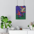 Giclée art print of a fairy sitting on red toadstools with purple and green accents