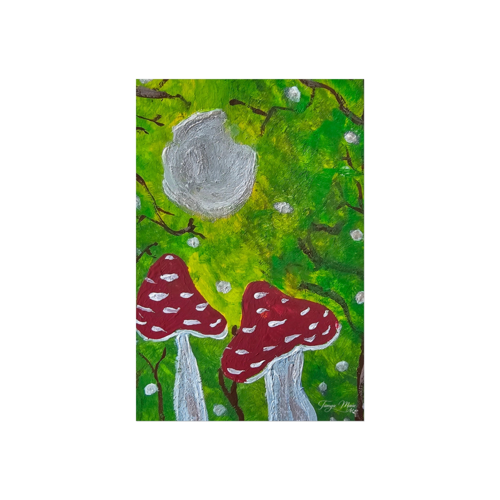 Close view of vertical mushroom art poster: green forest, gray round cap, red spotted mushrooms.