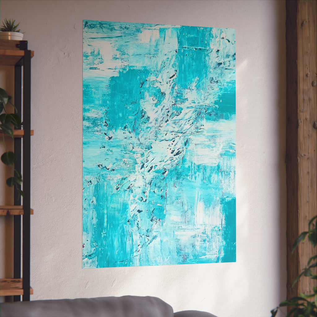 Turquoise abstract ocean art poster close-up, square, with textured brushstroke details.