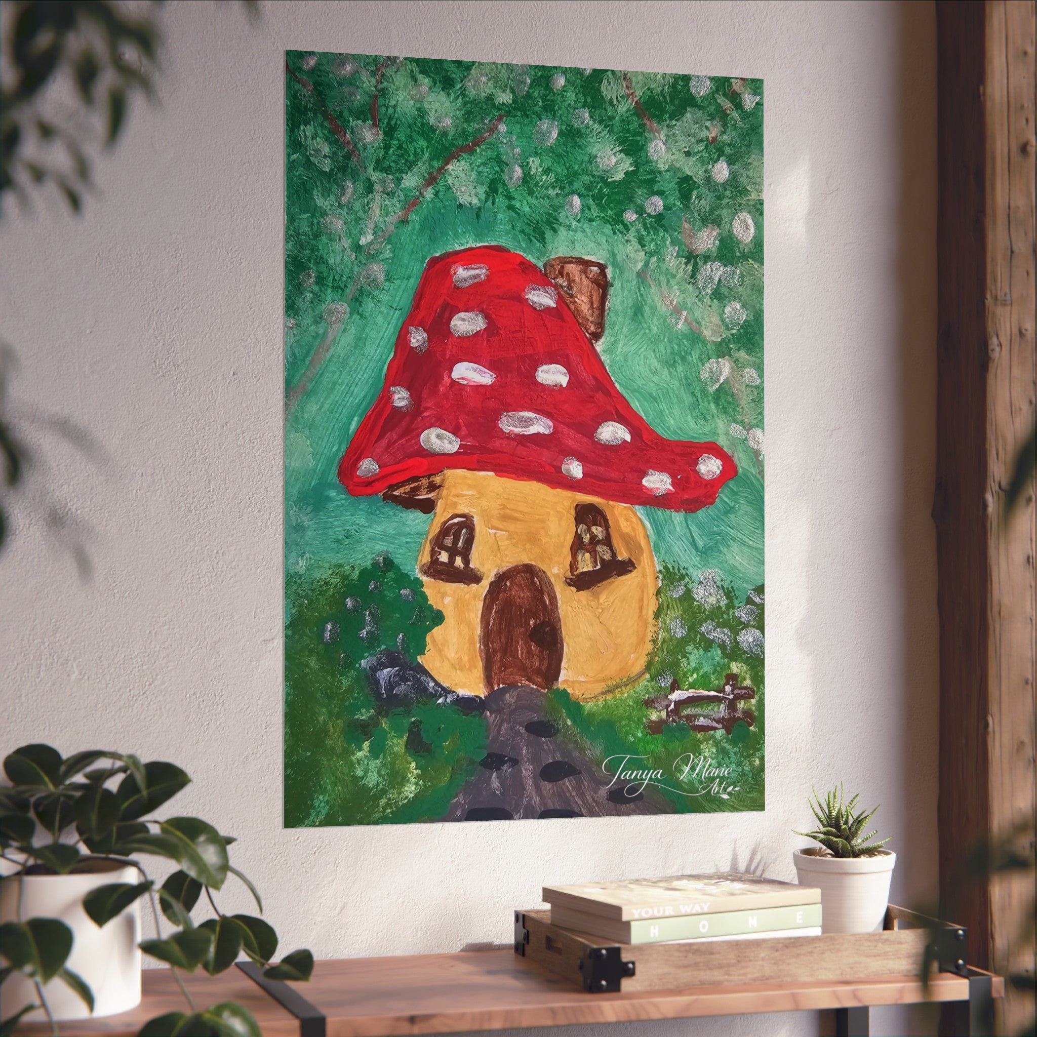 Fine art poster of a whimsical mushroom cottage with red polka-dot cap and green speckled foliage
