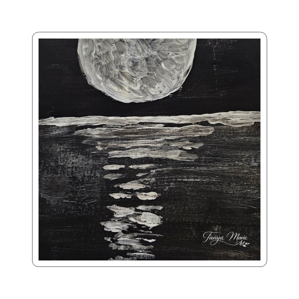 Moonlight Reflection Kiss-Cut Sticker — Black & White Moon Ocean Art Sticker