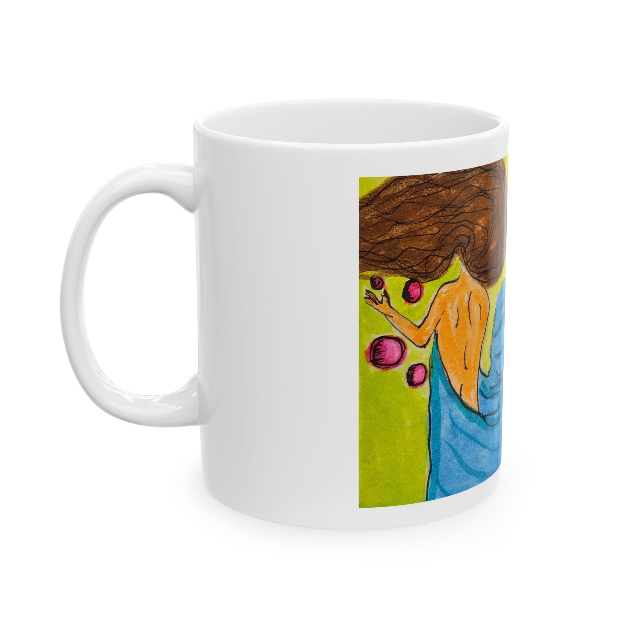 White ceramic mug with witchy artwork featuring yellow face and purple eyes