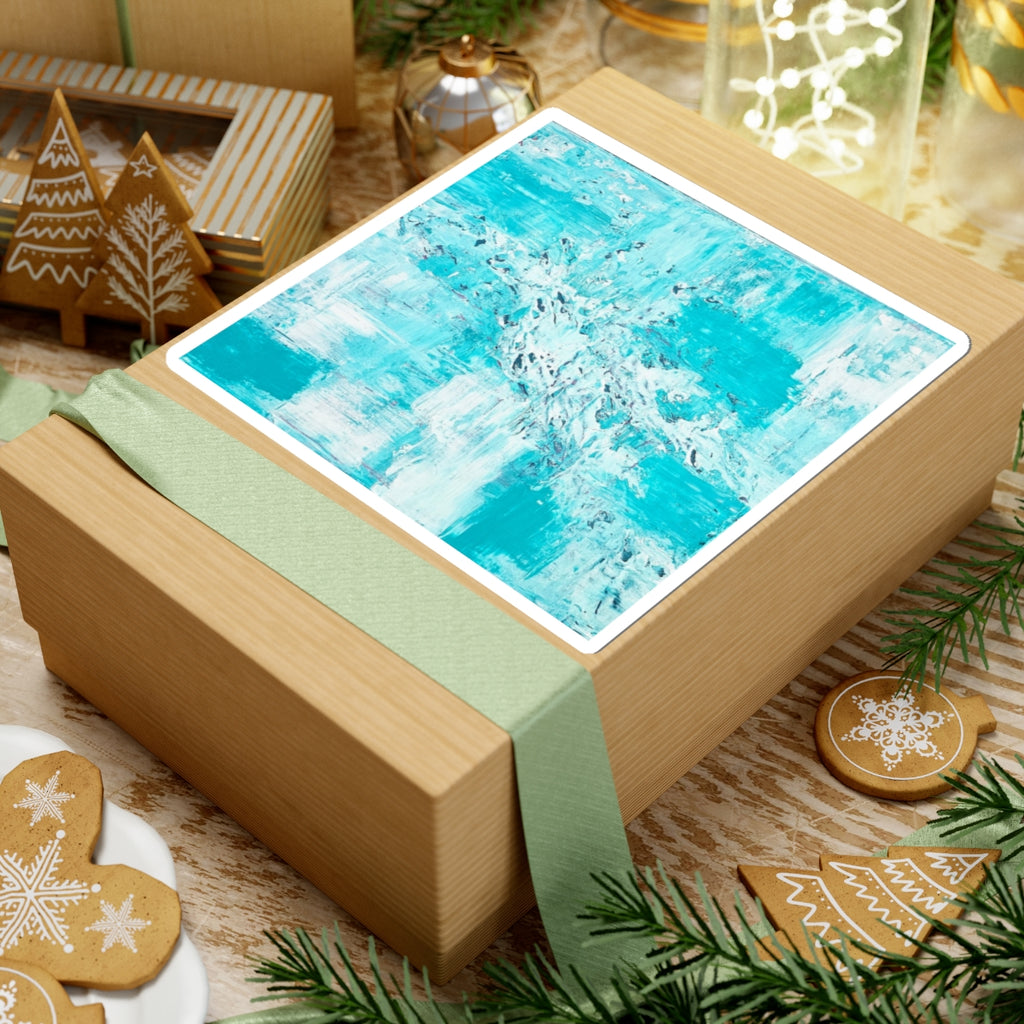 Teal abstract brushstroke art sticker, square with white border and textured teal strokes.