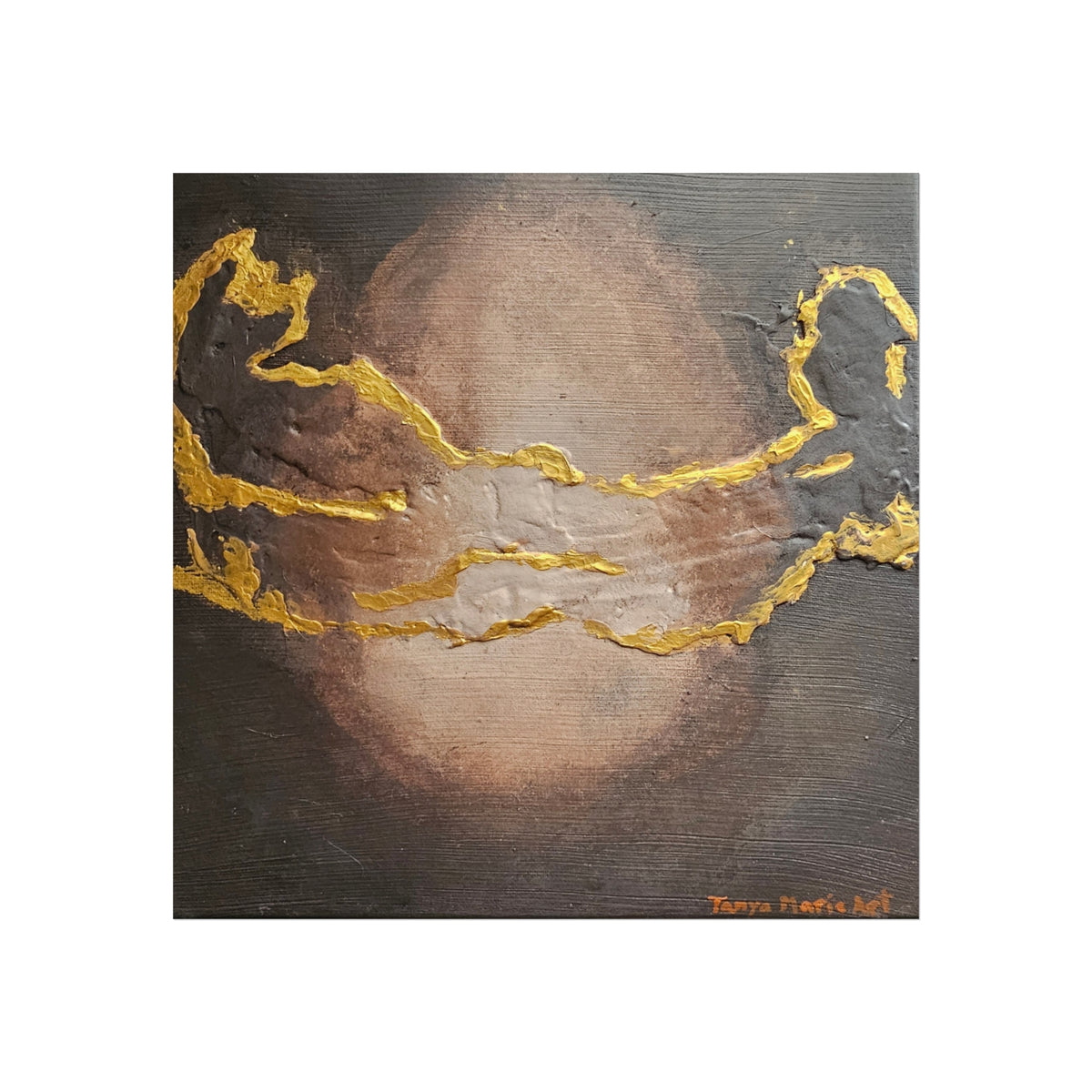Square abstract poster, dark gray ground with shimmering gold streaks and warm central circle