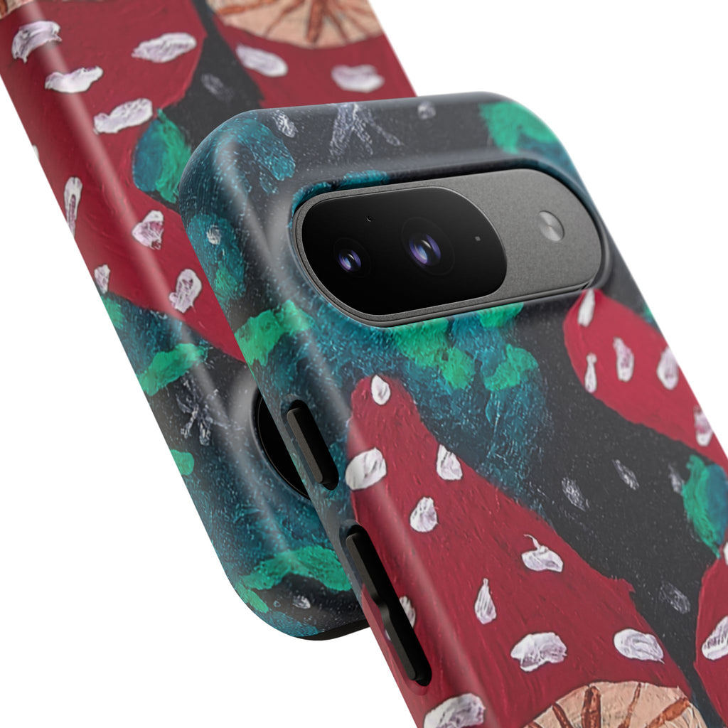 Tough phone case close-up of camera opening and side button cutout, mushroom forest design.