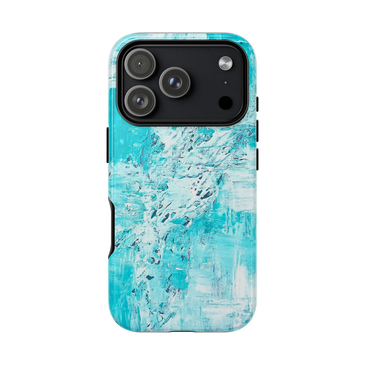 Turquoise abstract marble tough phone case with triple-lens camera cutout on black panel.