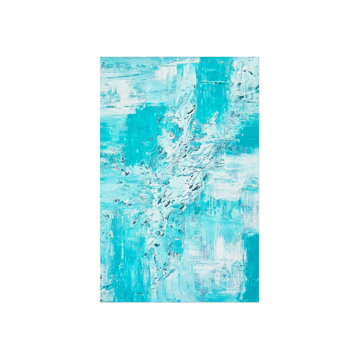 Small vertical turquoise abstract poster with white streaks, layered paint texture.