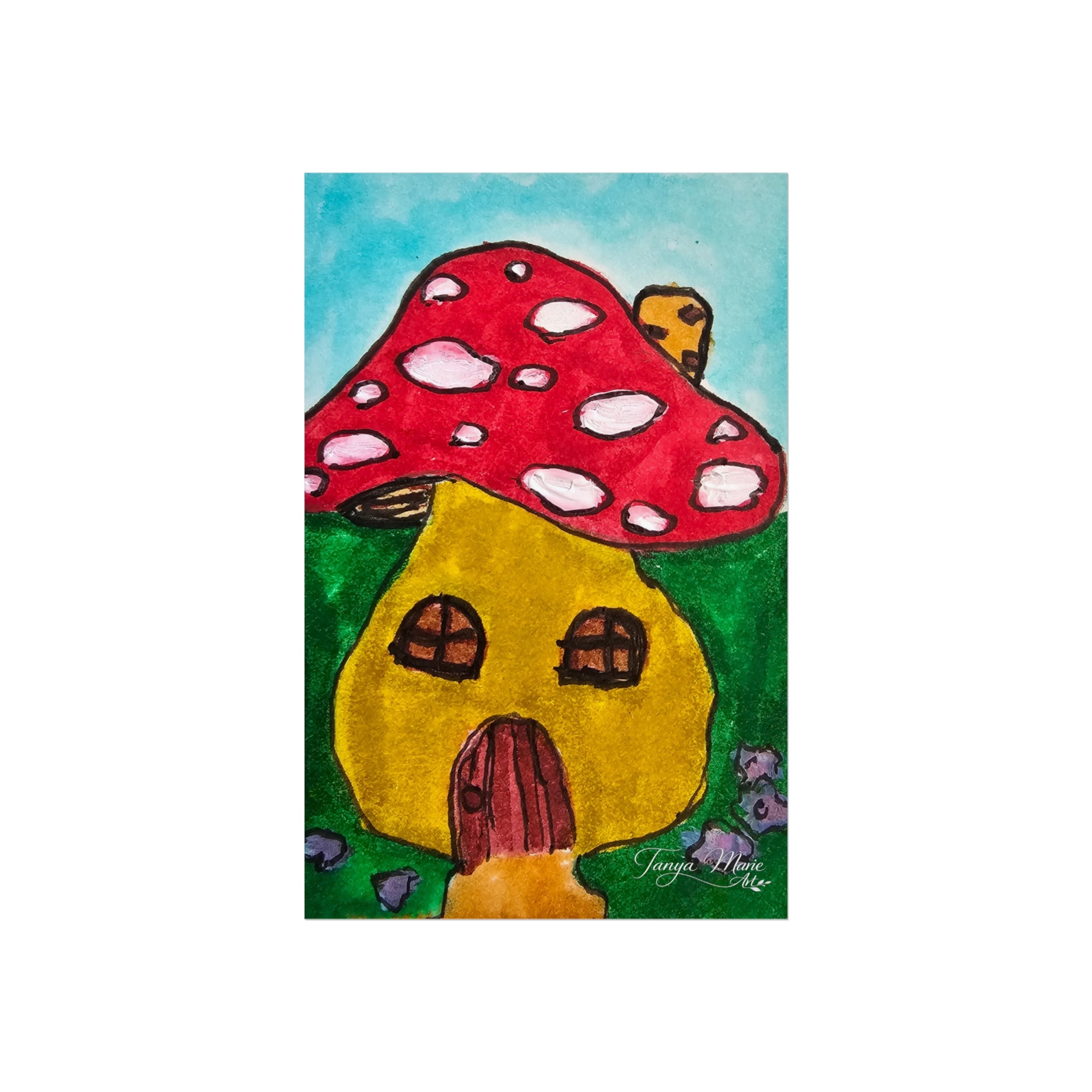 Mushroom house illustration fine art poster with red dotted cap and yellow cottage