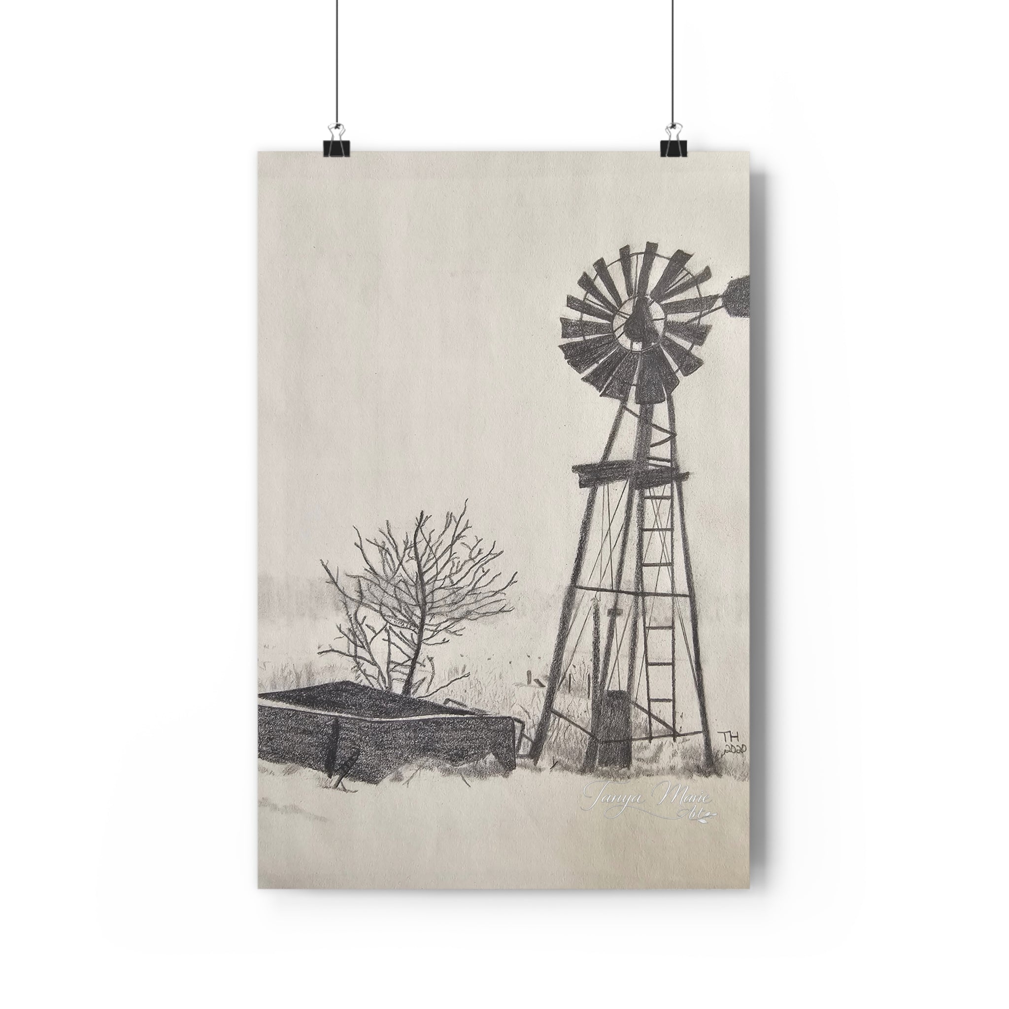 Windmill Farm Giclée Art Print — Vintage Rural Landscape Wall Art