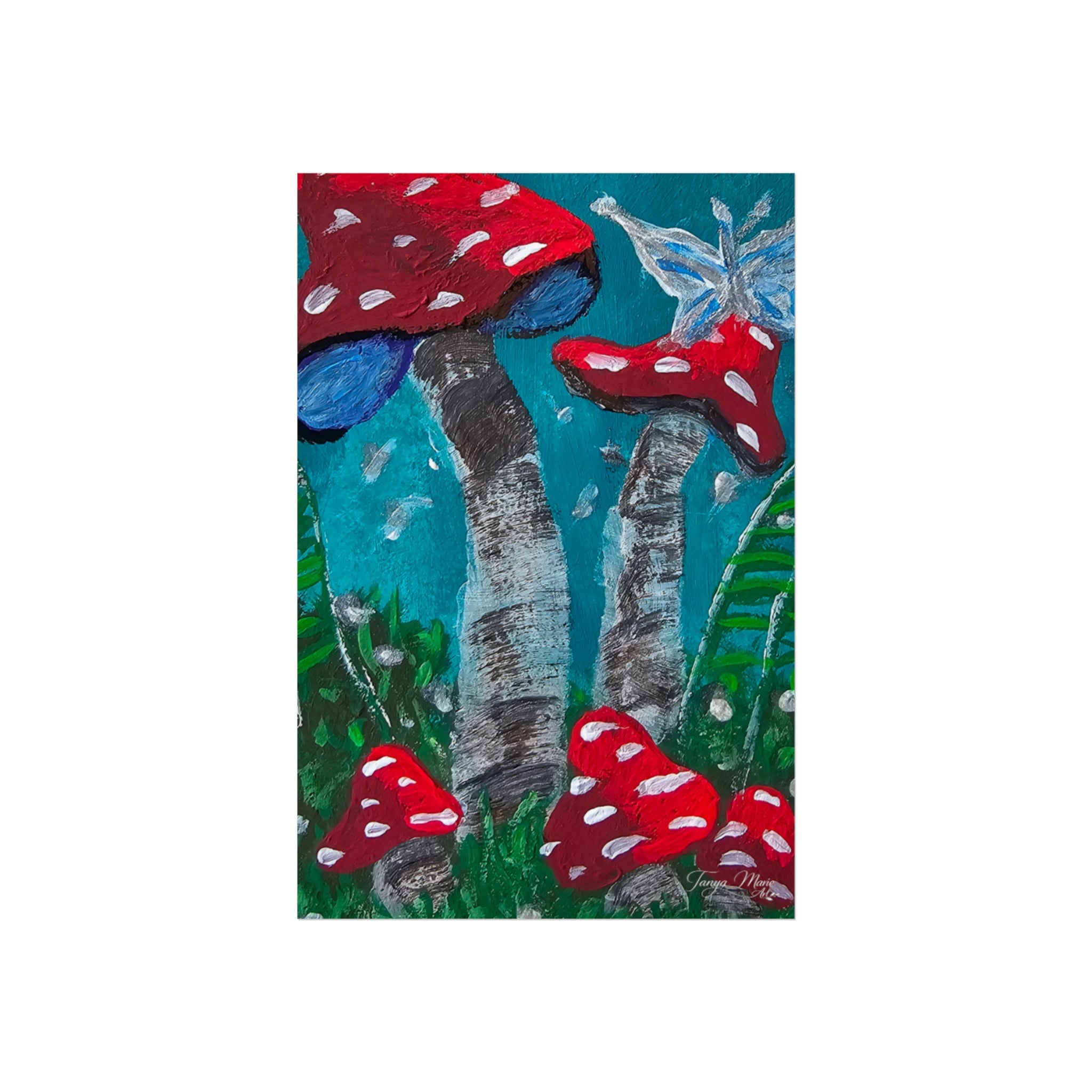 Matte poster with red speckled mushrooms, dark stems, and green foliage details