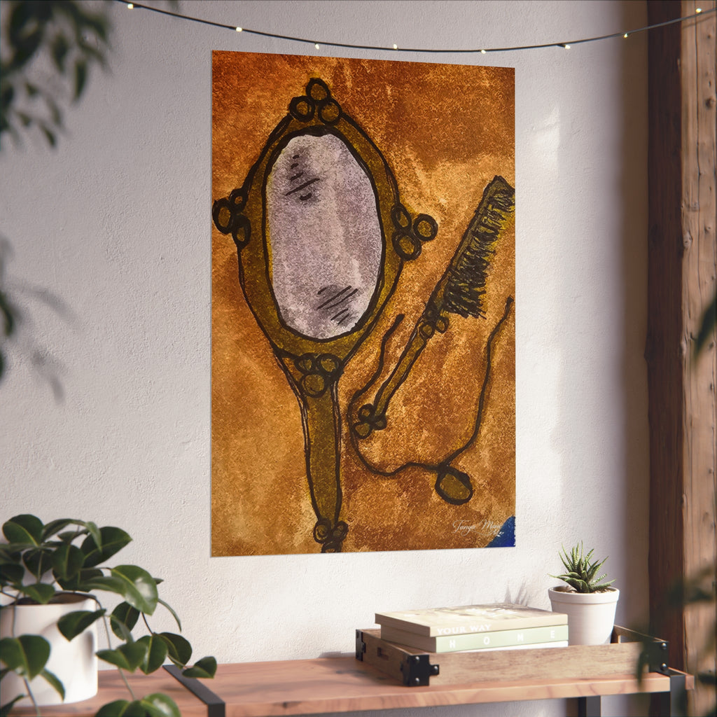 Vertical art print poster with vintage hand mirror oval frame and comb illustration in warm brown