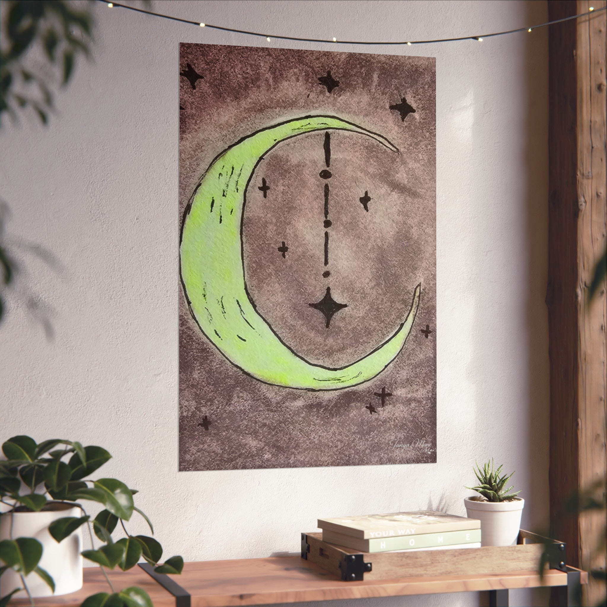 Square fine art poster showing neon green crescent moon, star symbols, and mottled dark purple texture
