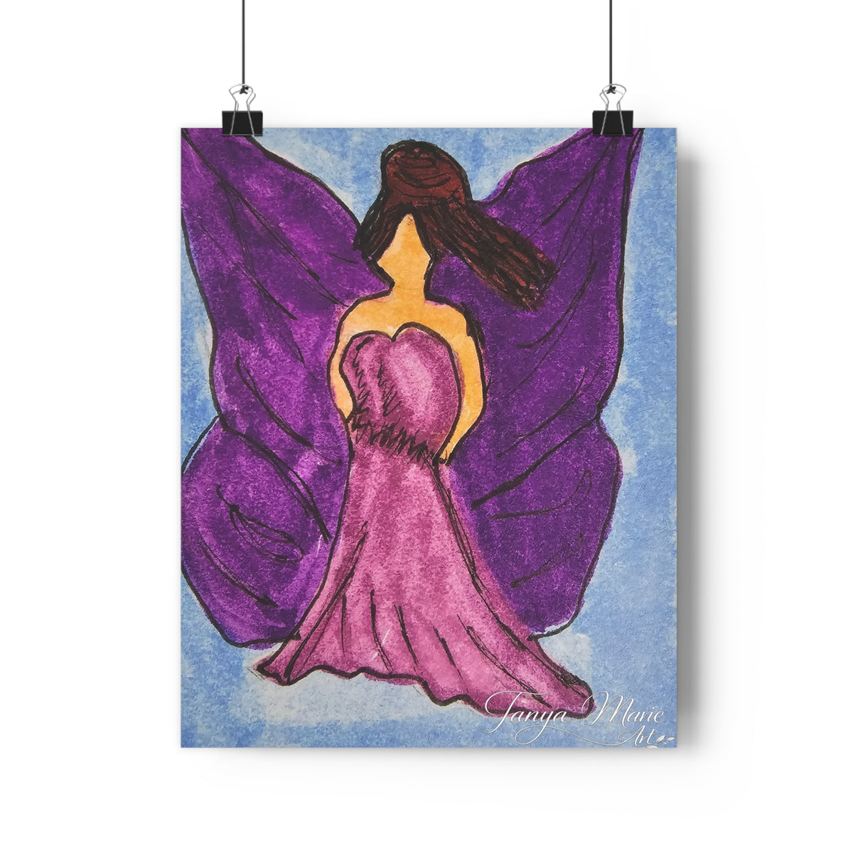 Matte giclée art print of a fairy woman with purple wings