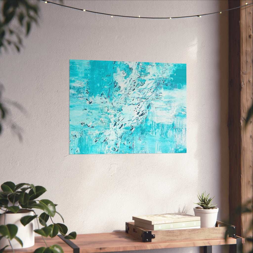 Turquoise abstract art poster with bold waterlike brush marks on matte paper.