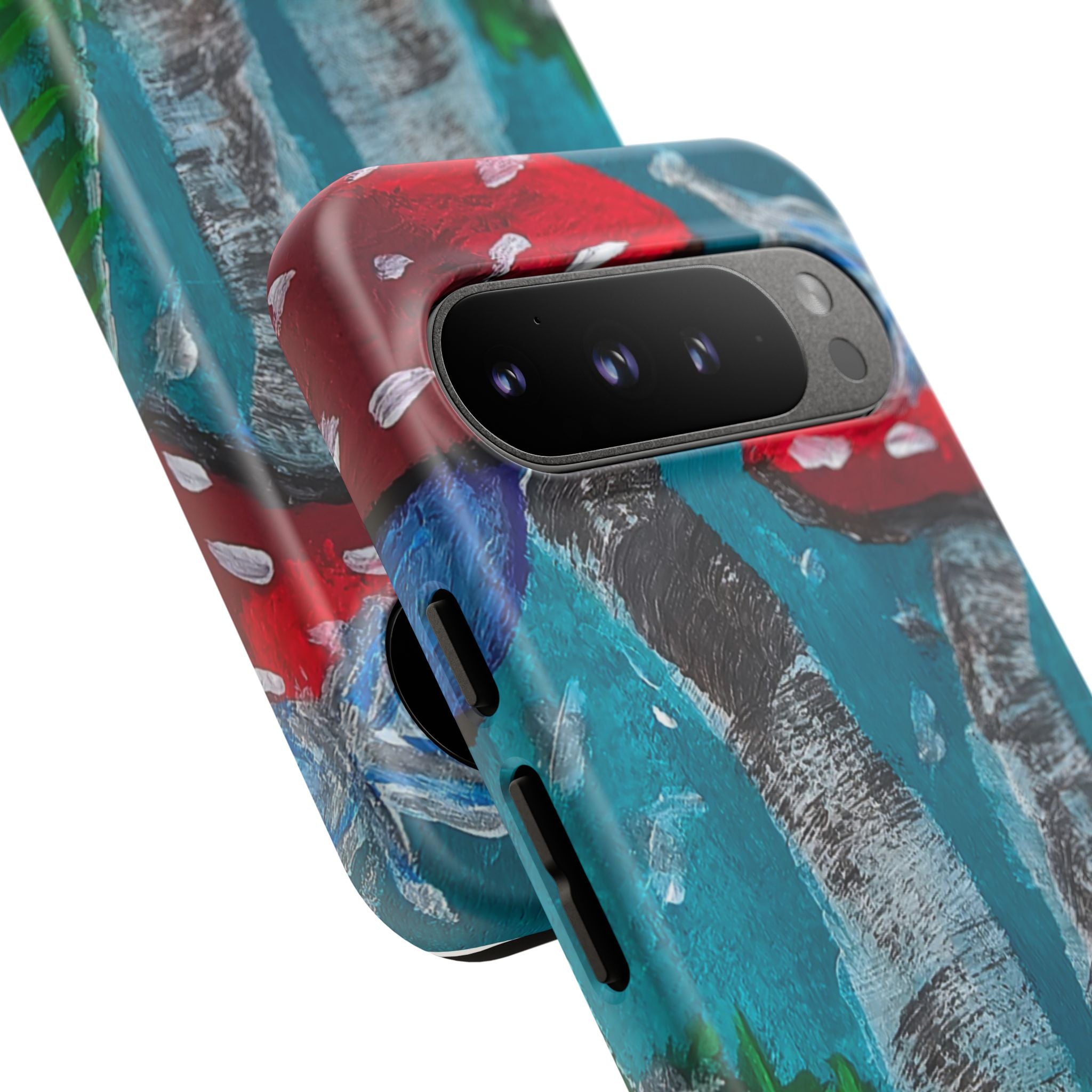 Phone case with red toadstool design, teal/blue striped back, raised camera cutout