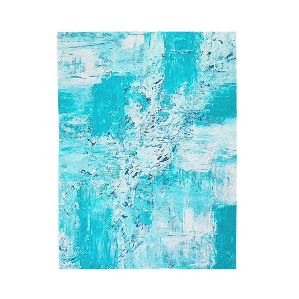 Velveteen plush blanket pattern: turquoise abstract textured wave shapes on white