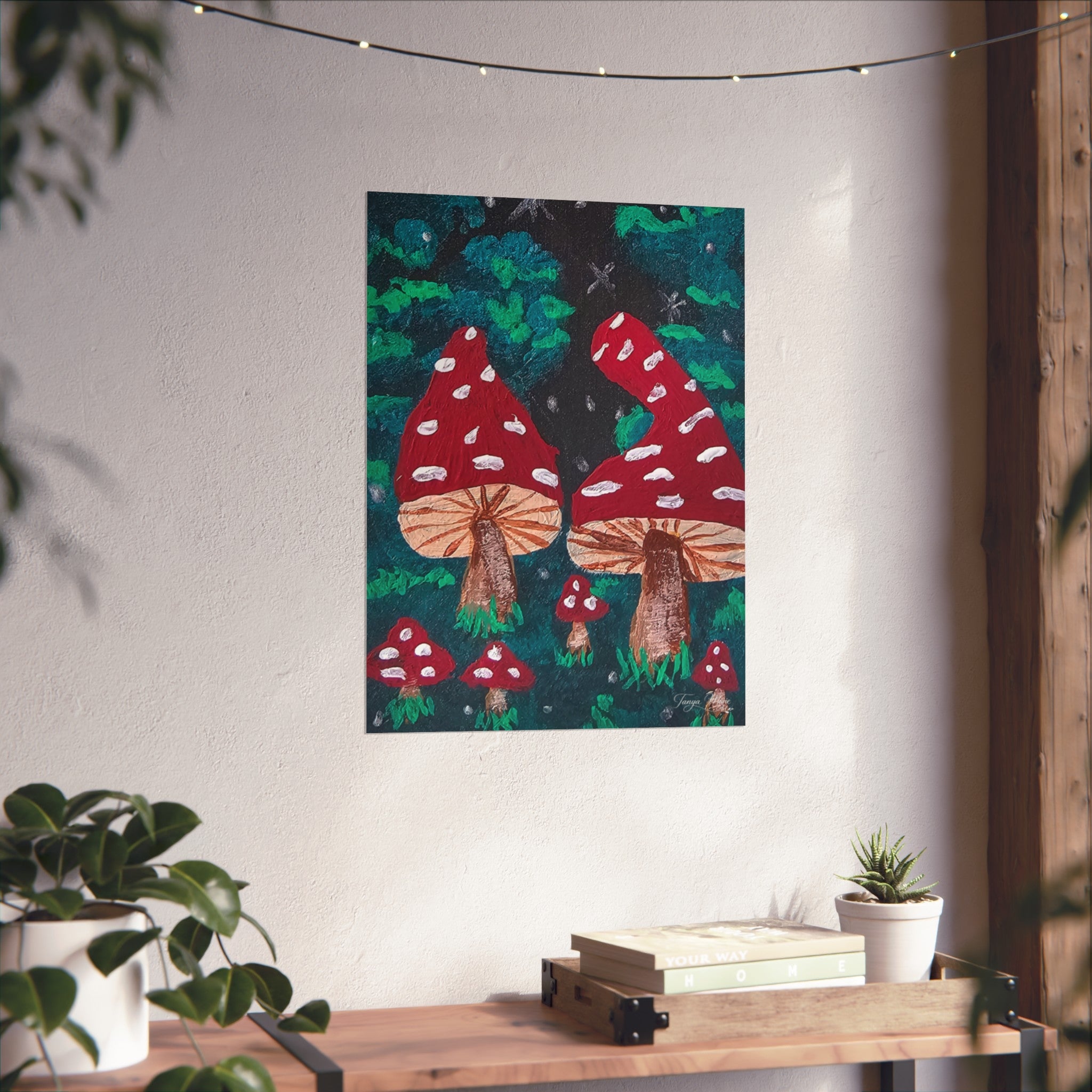 Whimsical fine art poster showing red toadstools with white spots in a dark green forest