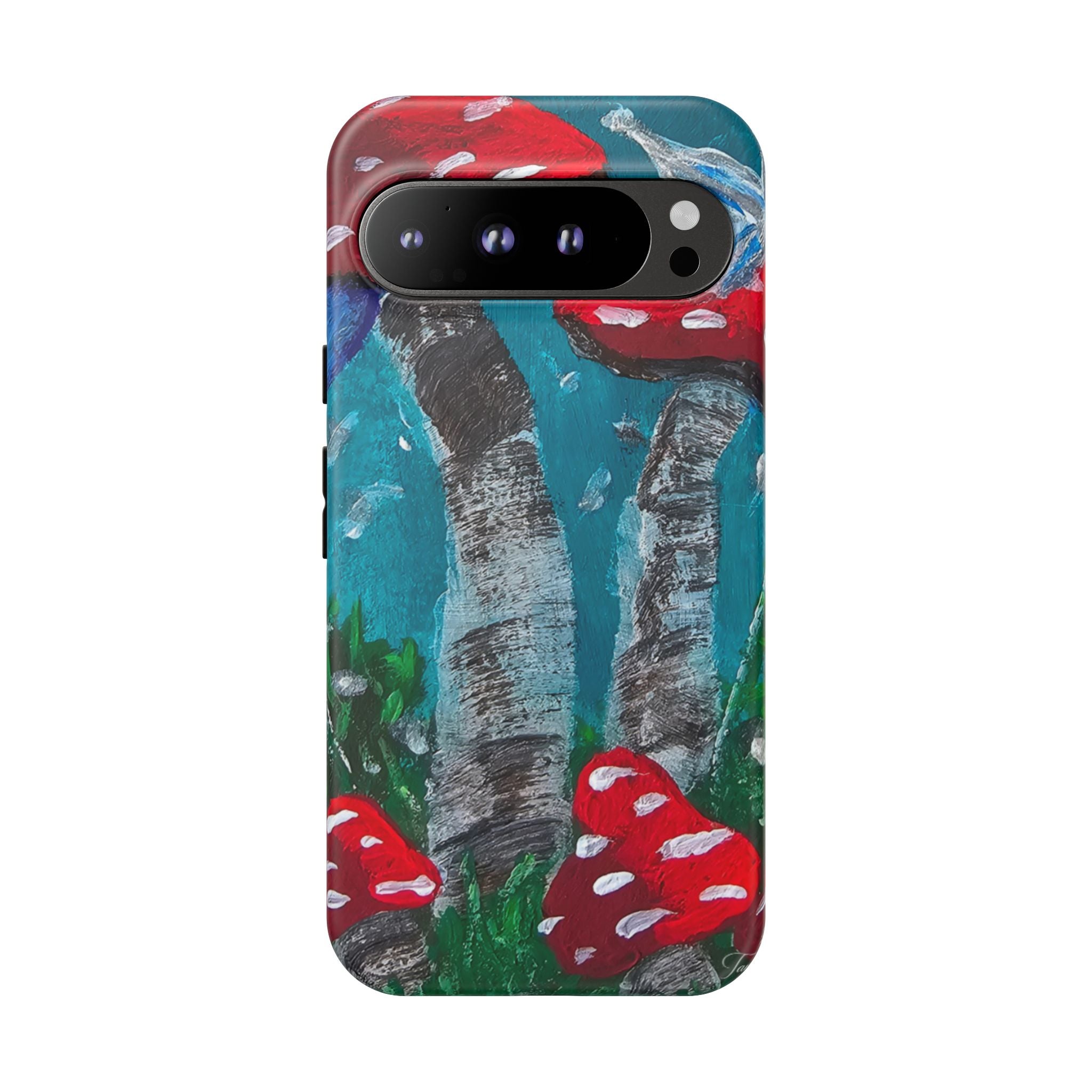 Phone case with glossy finish, teal birch pattern with red toadstools, close front framing.
