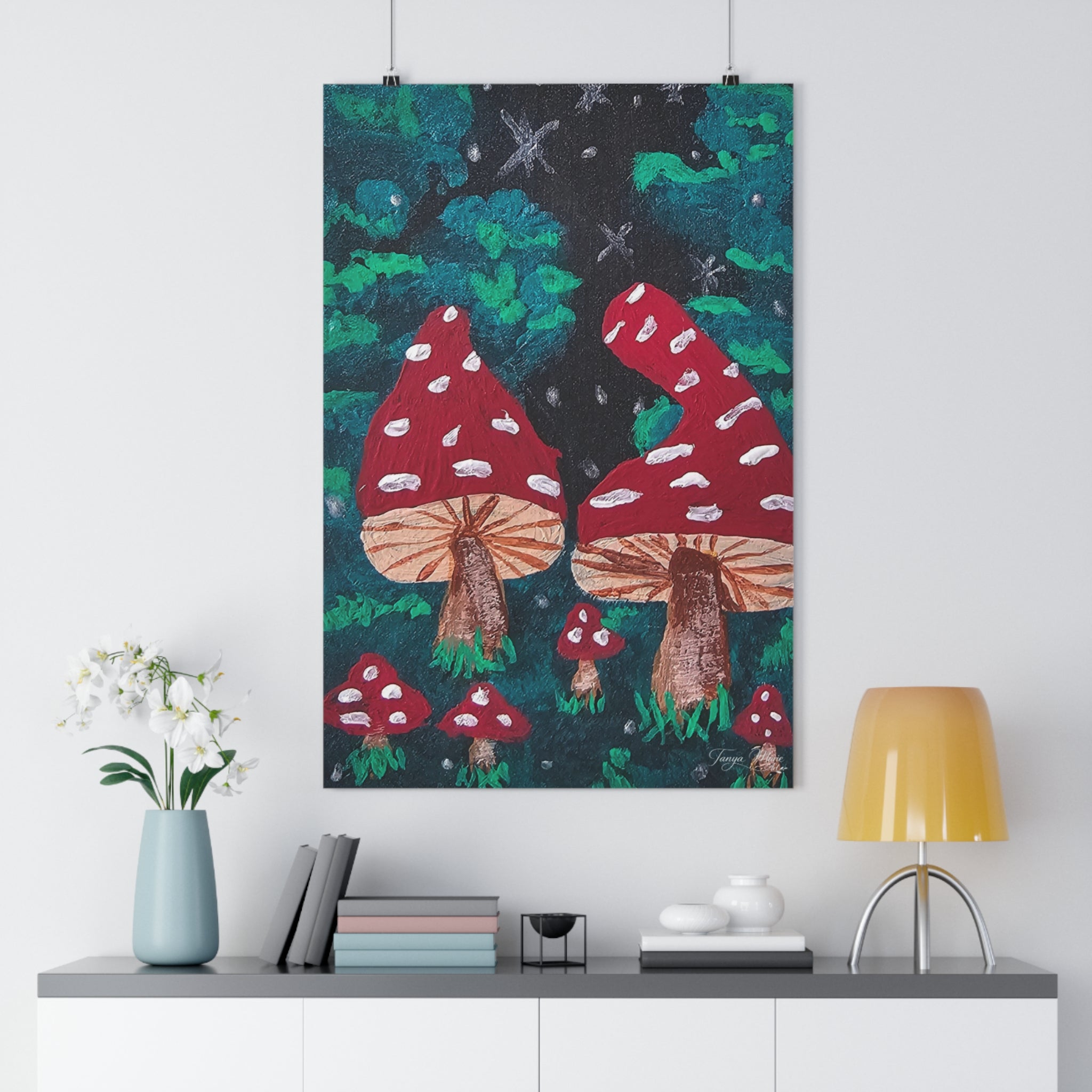 Mushroom forest giclée art print with red toadstools and dark night sky
