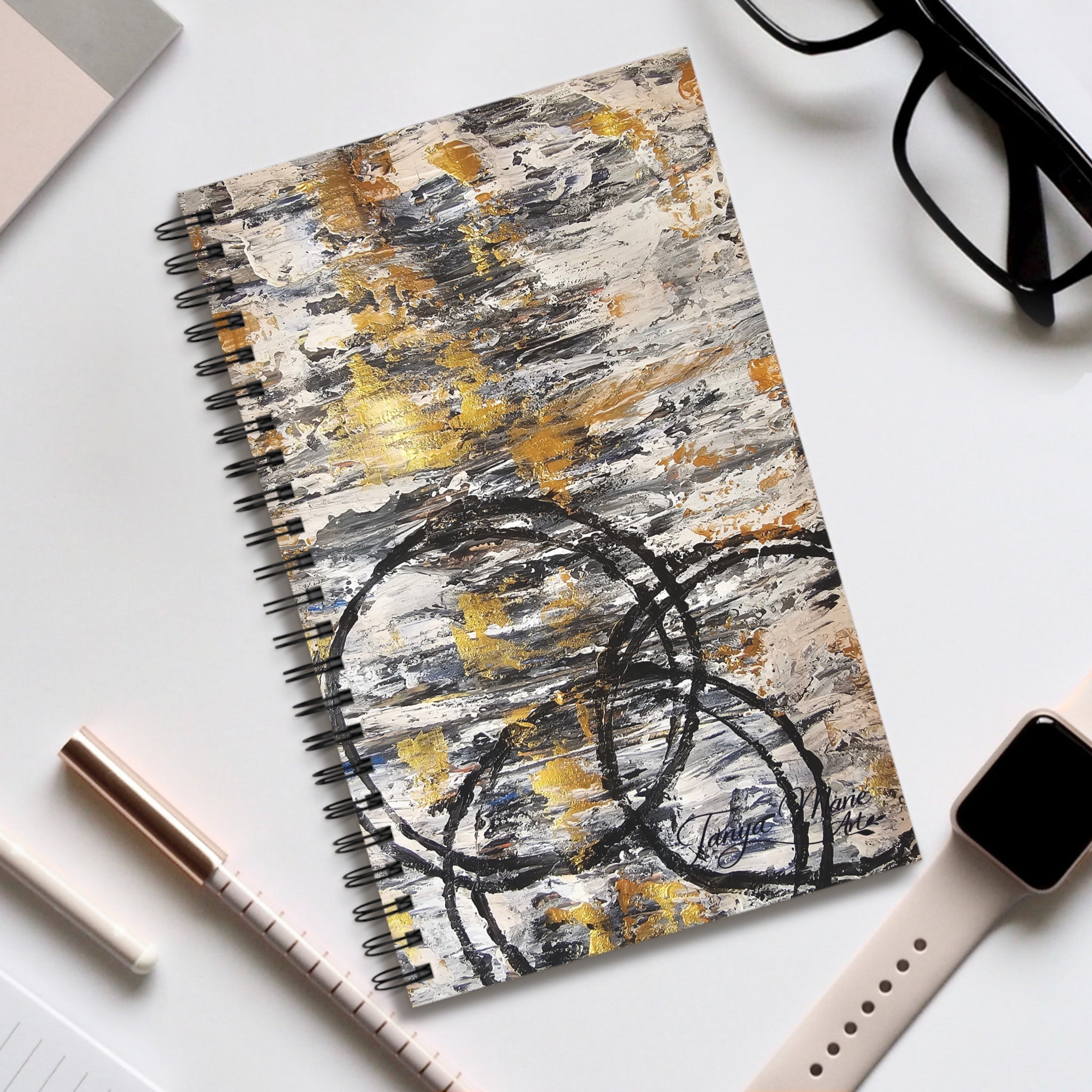 Abstract Gold & Charcoal Spiral Journal — Rustic Modern Notebook for Notes & Sketches