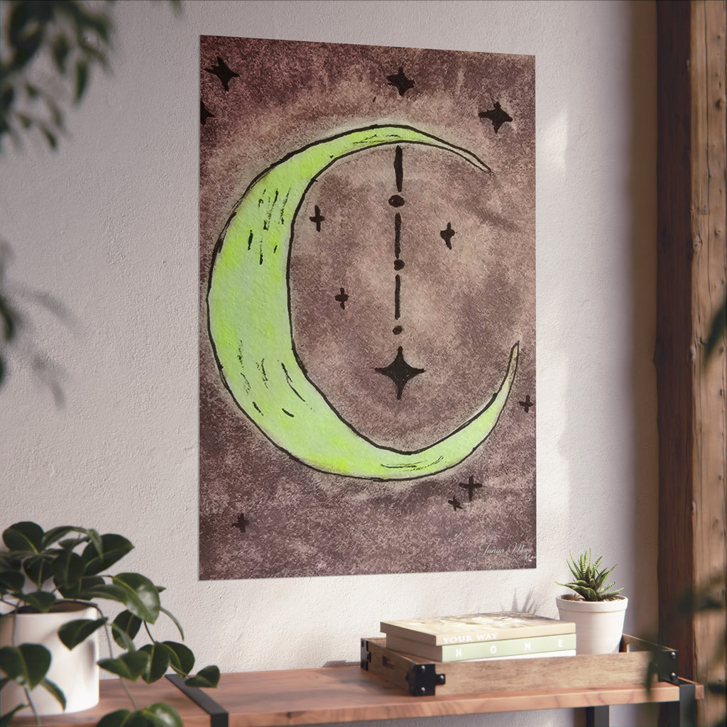 Square fine art poster with neon green crescent moon and star symbol icons on dark purple background