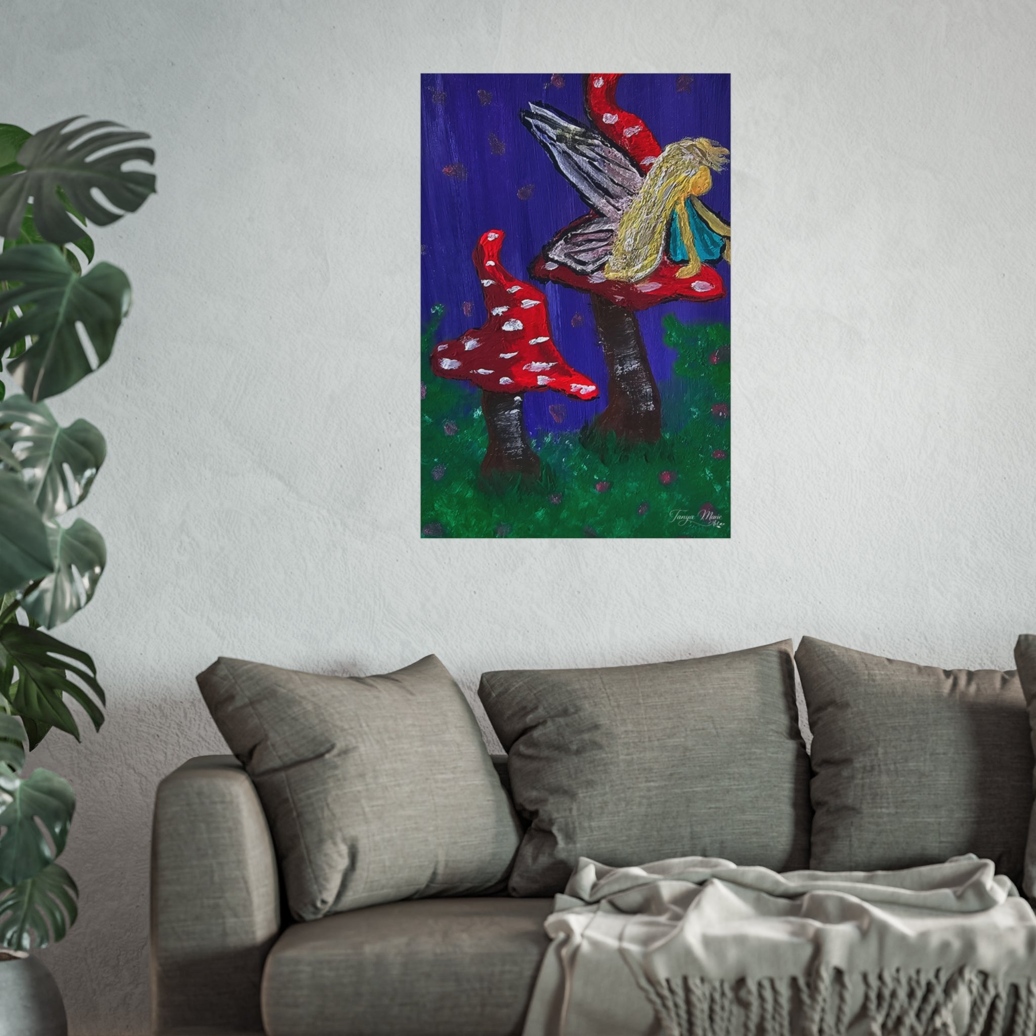 Matte fine art poster: red spotted mushrooms with a blonde fairy in blue forest scene